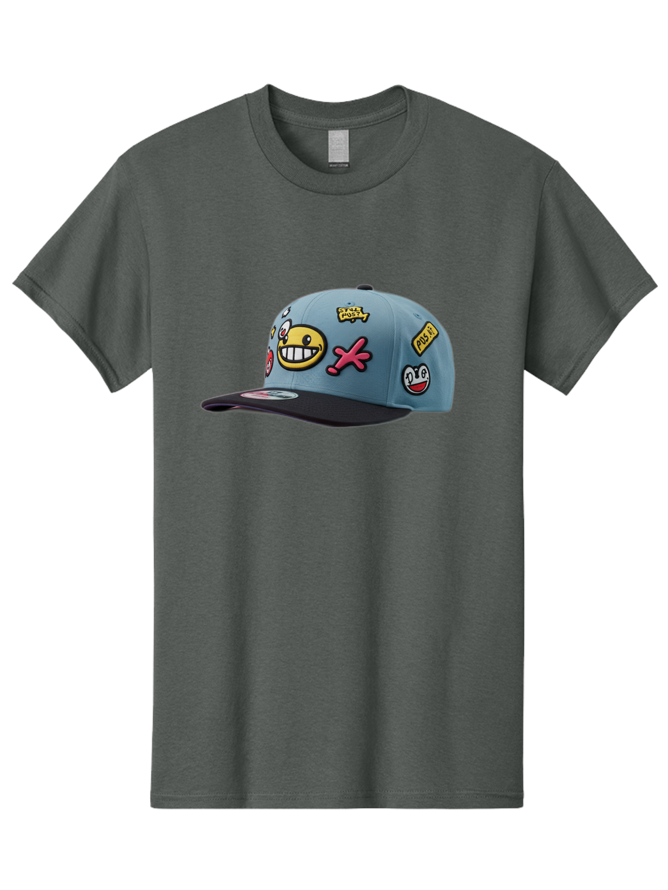 Pawz Men'S Graphic Tee, 100% Cotton, Comfortable Casual Summer Wear, Machine Washable, Streetwear Baseball Cap, Paul G Patches, Cartoon Smiley Face, Fashion Accessory, Street Style, Youth Culture, Graphic Design Bad410