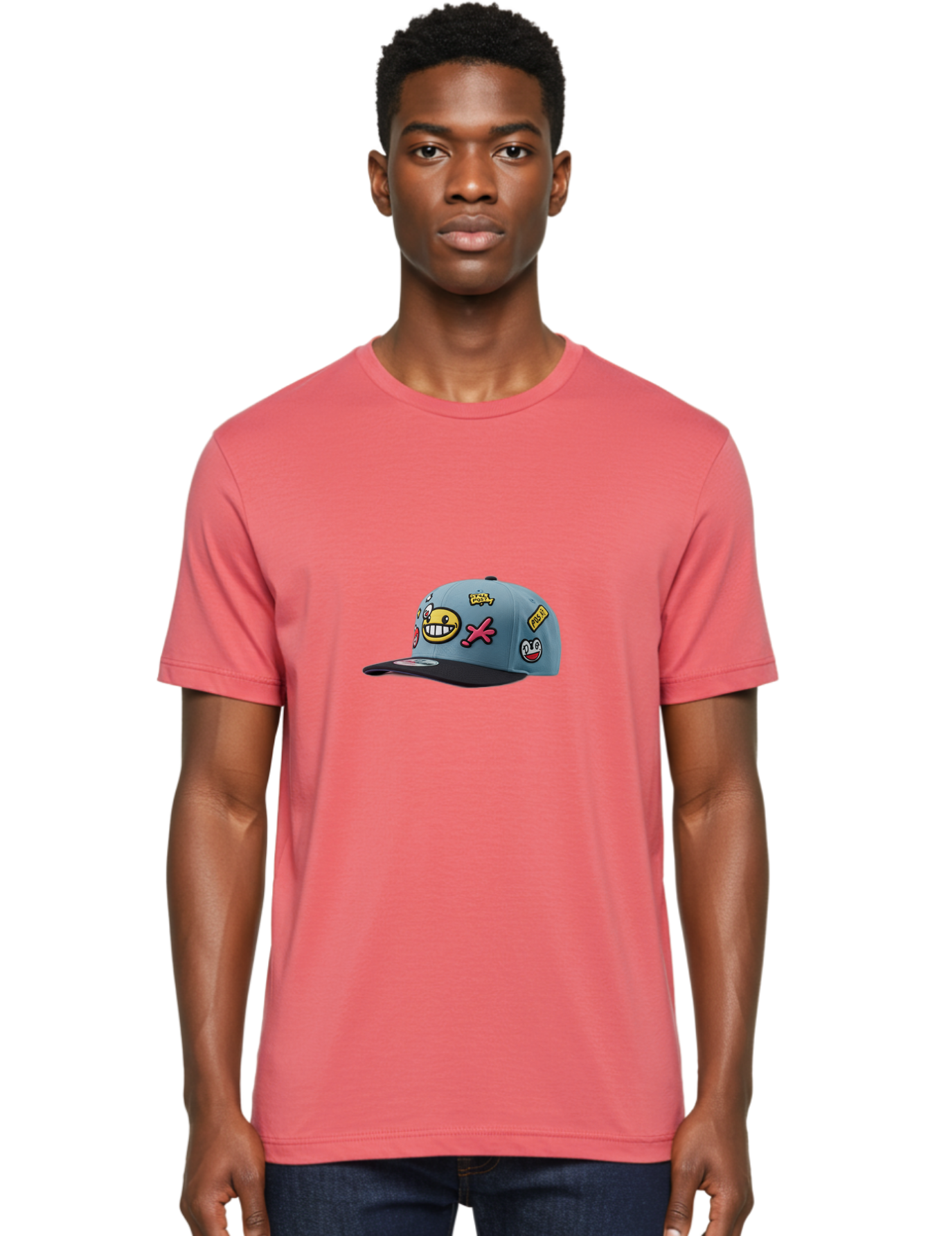 Pawz Men'S Graphic Tee, 100% Cotton, Comfortable Casual Summer Wear, Machine Washable, Streetwear Baseball Cap, Paul G Patches, Cartoon Smiley Face, Fashion Accessory, Street Style, Youth Culture, Graphic Design Bad410