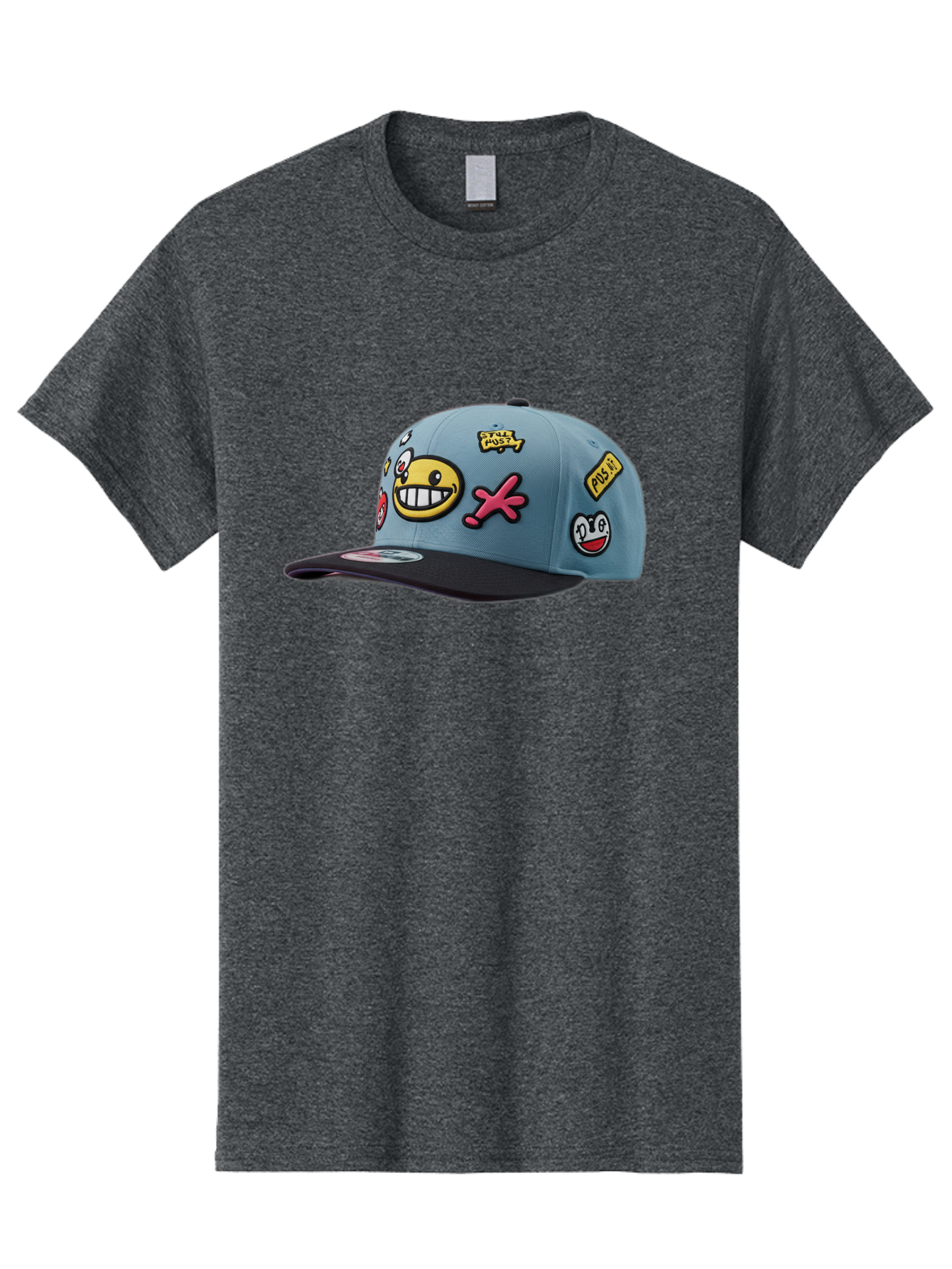 Pawz Men'S Graphic Tee, 100% Cotton, Comfortable Casual Summer Wear, Machine Washable, Streetwear Baseball Cap, Paul G Patches, Cartoon Smiley Face, Fashion Accessory, Street Style, Youth Culture, Graphic Design Bad410