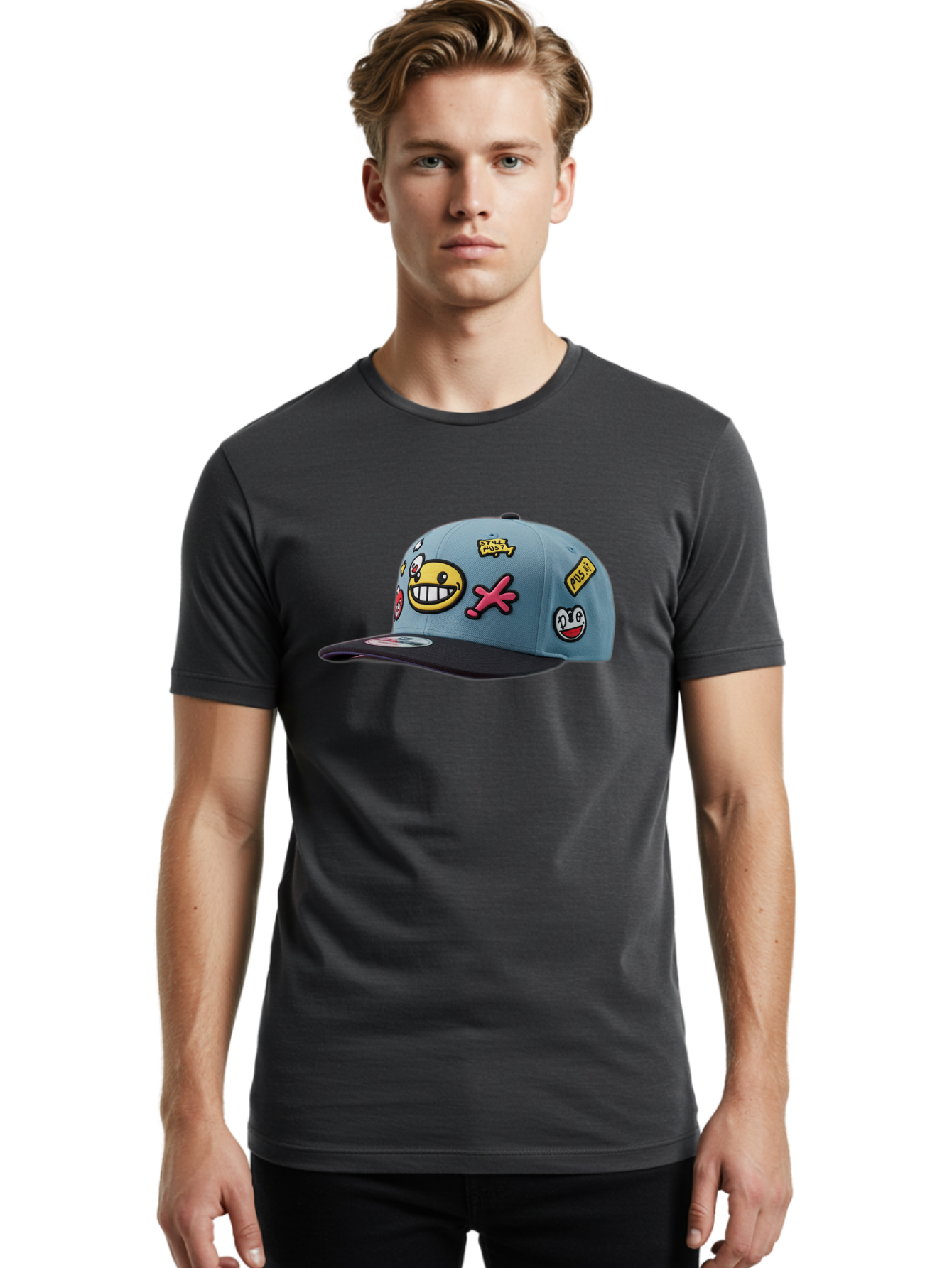 Pawz Men'S Graphic Tee, 100% Cotton, Comfortable Casual Summer Wear, Machine Washable, Streetwear Baseball Cap, Paul G Patches, Cartoon Smiley Face, Fashion Accessory, Street Style, Youth Culture, Graphic Design Bad410