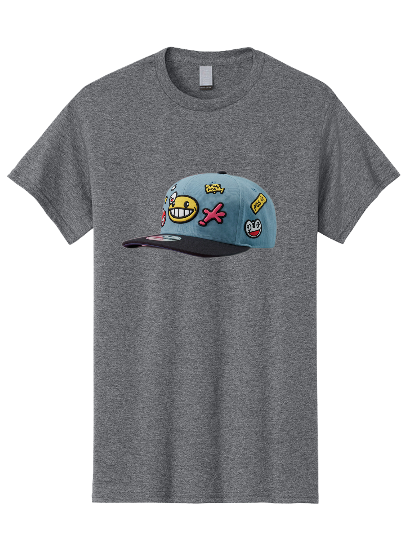 Pawz Men'S Graphic Tee, 100% Cotton, Comfortable Casual Summer Wear, Machine Washable, Streetwear Baseball Cap, Paul G Patches, Cartoon Smiley Face, Fashion Accessory, Street Style, Youth Culture, Graphic Design Bad410