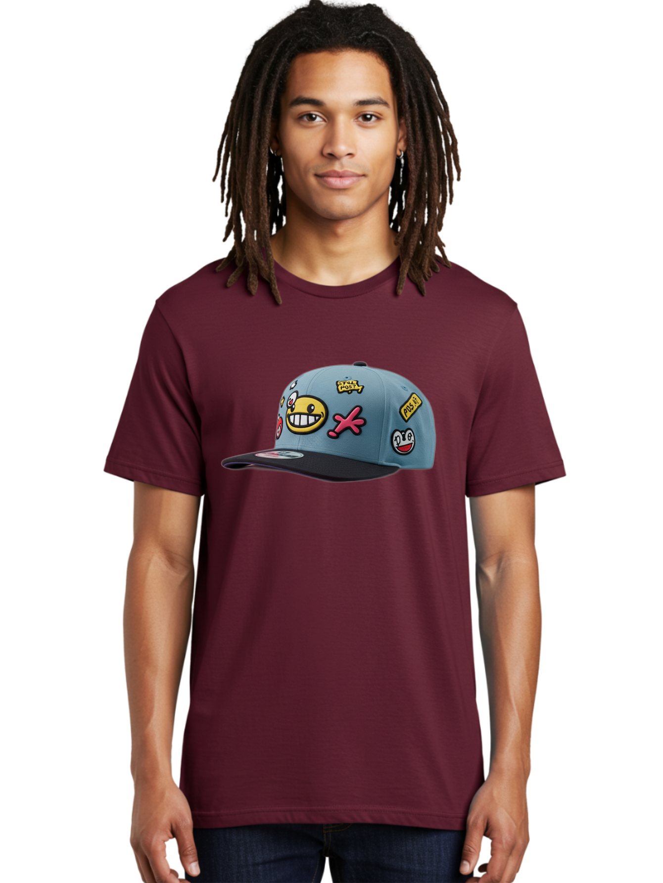 Pawz Men'S Graphic Tee, 100% Cotton, Comfortable Casual Summer Wear, Machine Washable, Streetwear Baseball Cap, Paul G Patches, Cartoon Smiley Face, Fashion Accessory, Street Style, Youth Culture, Graphic Design Bad410