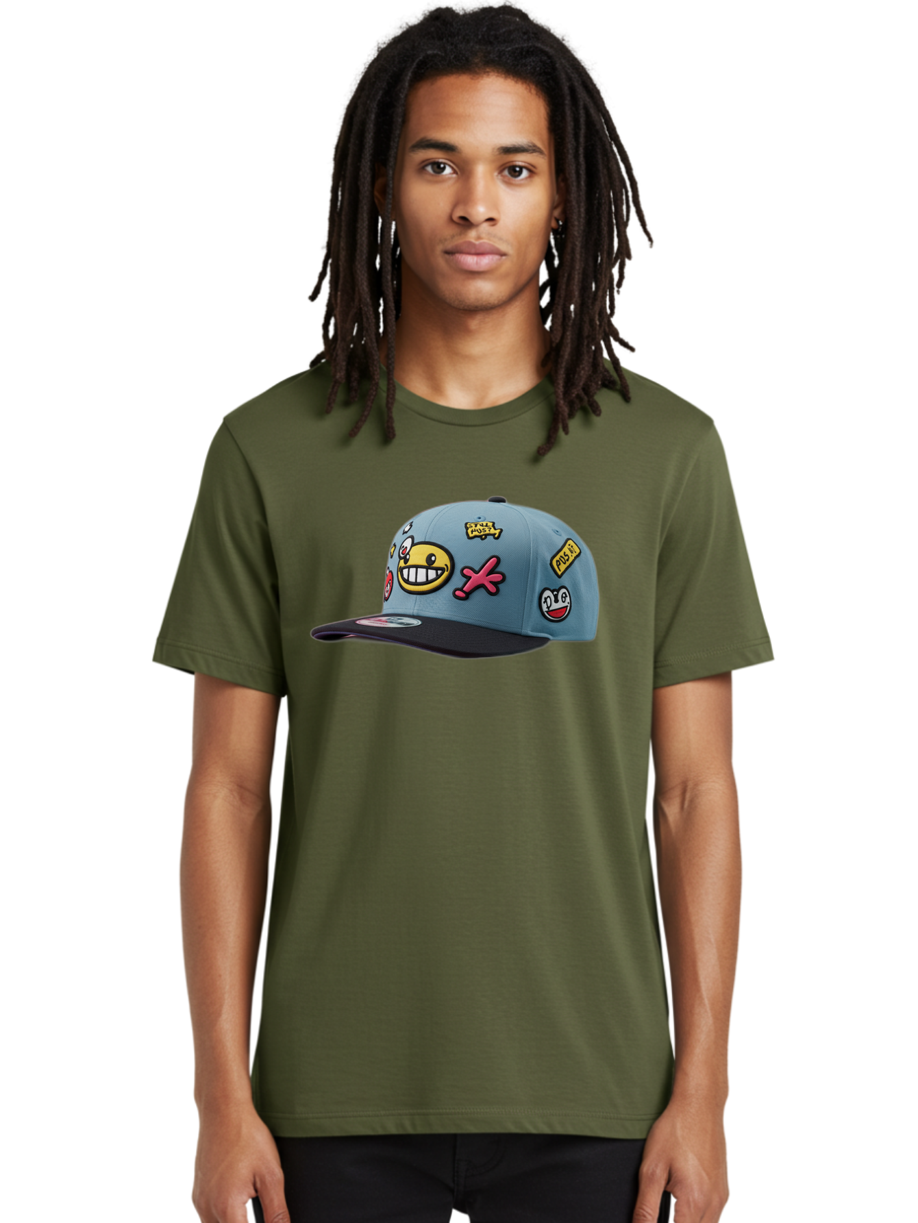 Pawz Men'S Graphic Tee, 100% Cotton, Comfortable Casual Summer Wear, Machine Washable, Streetwear Baseball Cap, Paul G Patches, Cartoon Smiley Face, Fashion Accessory, Street Style, Youth Culture, Graphic Design Bad410