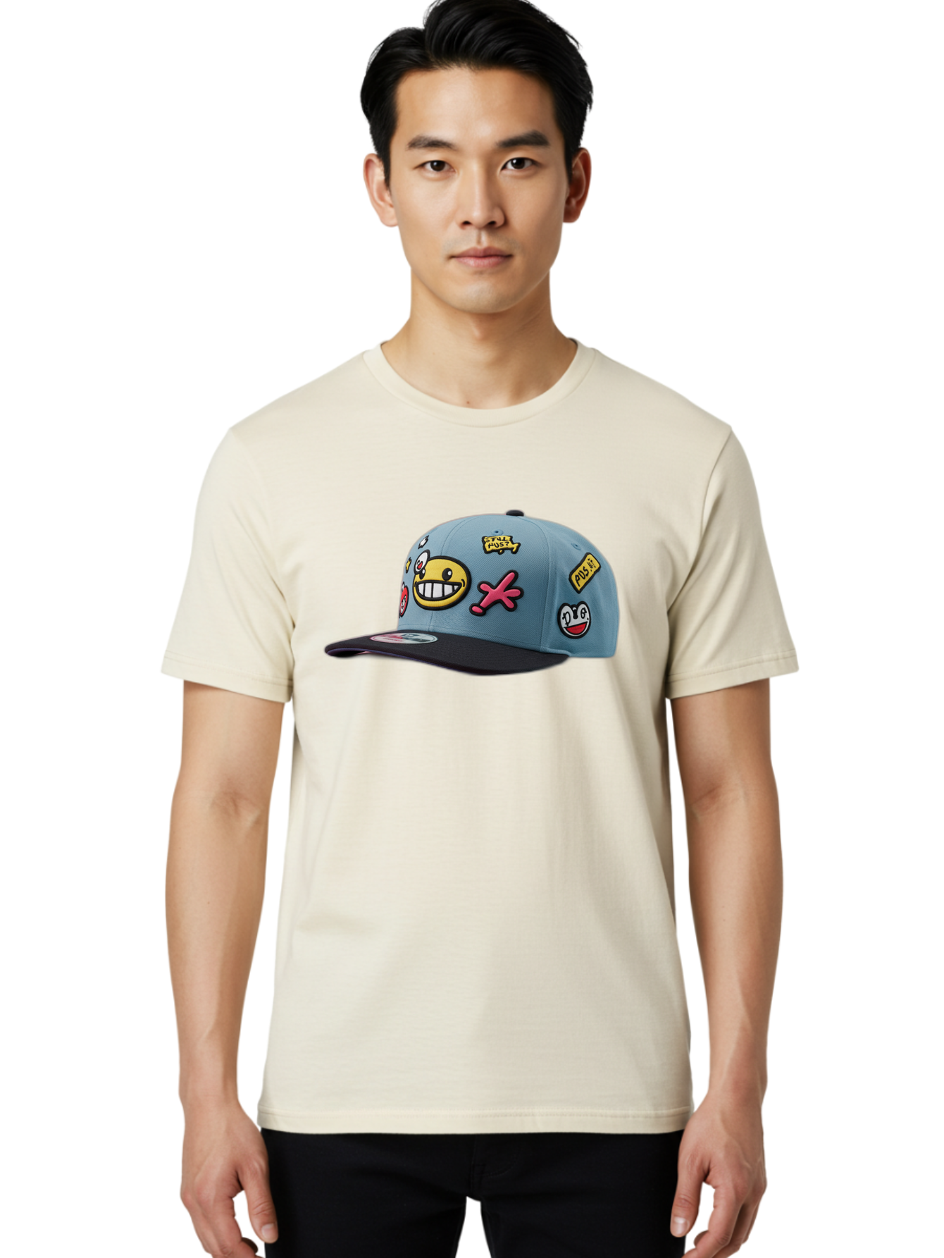 Pawz Men'S Graphic Tee, 100% Cotton, Comfortable Casual Summer Wear, Machine Washable, Streetwear Baseball Cap, Paul G Patches, Cartoon Smiley Face, Fashion Accessory, Street Style, Youth Culture, Graphic Design Bad410