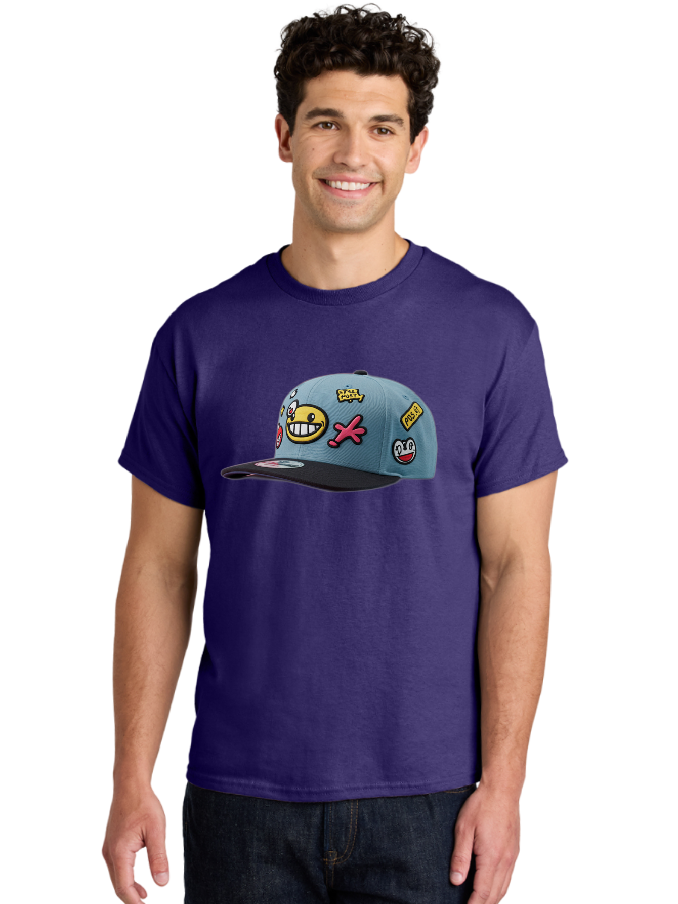 Pawz Men'S Graphic Tee, 100% Cotton, Comfortable Casual Summer Wear, Machine Washable, Streetwear Baseball Cap, Paul G Patches, Cartoon Smiley Face, Fashion Accessory, Street Style, Youth Culture, Graphic Design Bad410