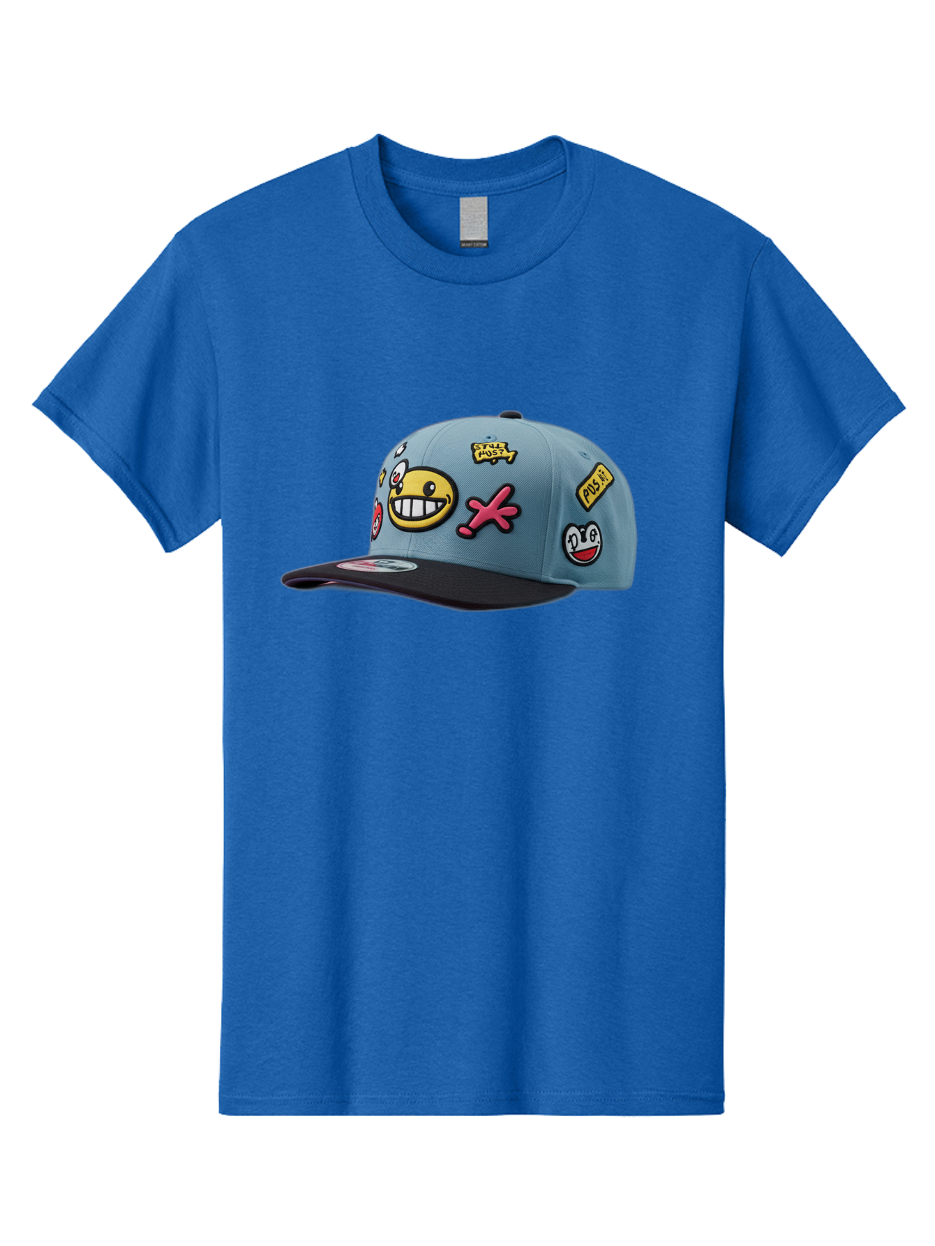 Pawz Men'S Graphic Tee, 100% Cotton, Comfortable Casual Summer Wear, Machine Washable, Streetwear Baseball Cap, Paul G Patches, Cartoon Smiley Face, Fashion Accessory, Street Style, Youth Culture, Graphic Design Bad410