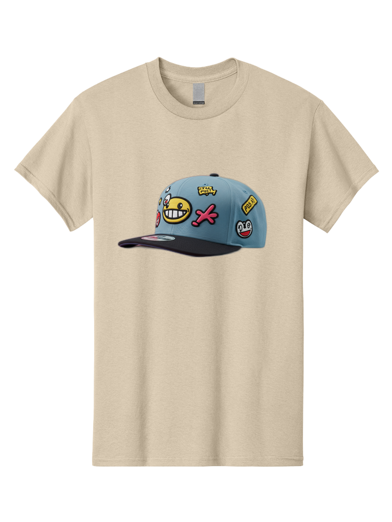 Pawz Men'S Graphic Tee, 100% Cotton, Comfortable Casual Summer Wear, Machine Washable, Streetwear Baseball Cap, Paul G Patches, Cartoon Smiley Face, Fashion Accessory, Street Style, Youth Culture, Graphic Design Bad410