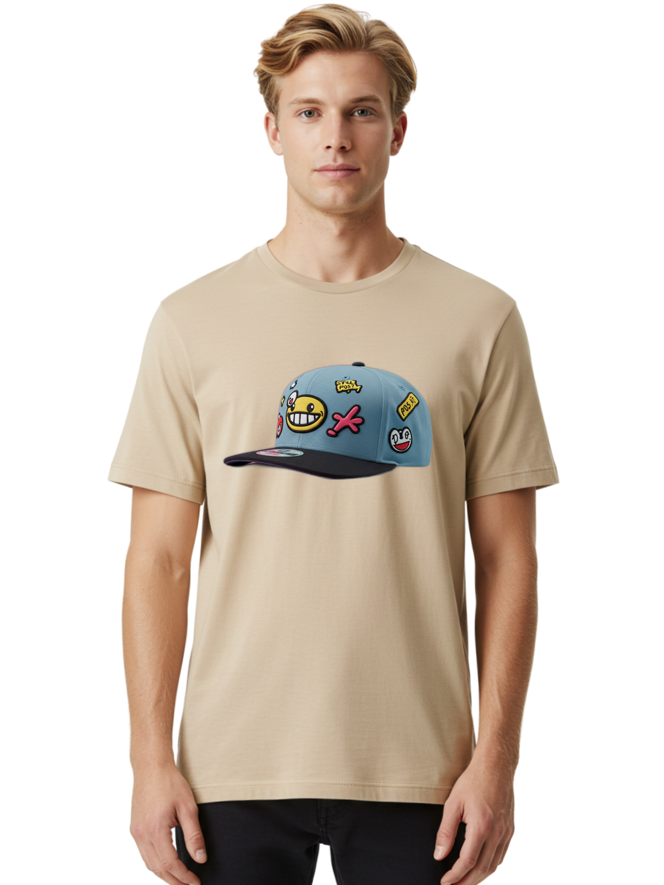 Pawz Men'S Graphic Tee, 100% Cotton, Comfortable Casual Summer Wear, Machine Washable, Streetwear Baseball Cap, Paul G Patches, Cartoon Smiley Face, Fashion Accessory, Street Style, Youth Culture, Graphic Design Bad410