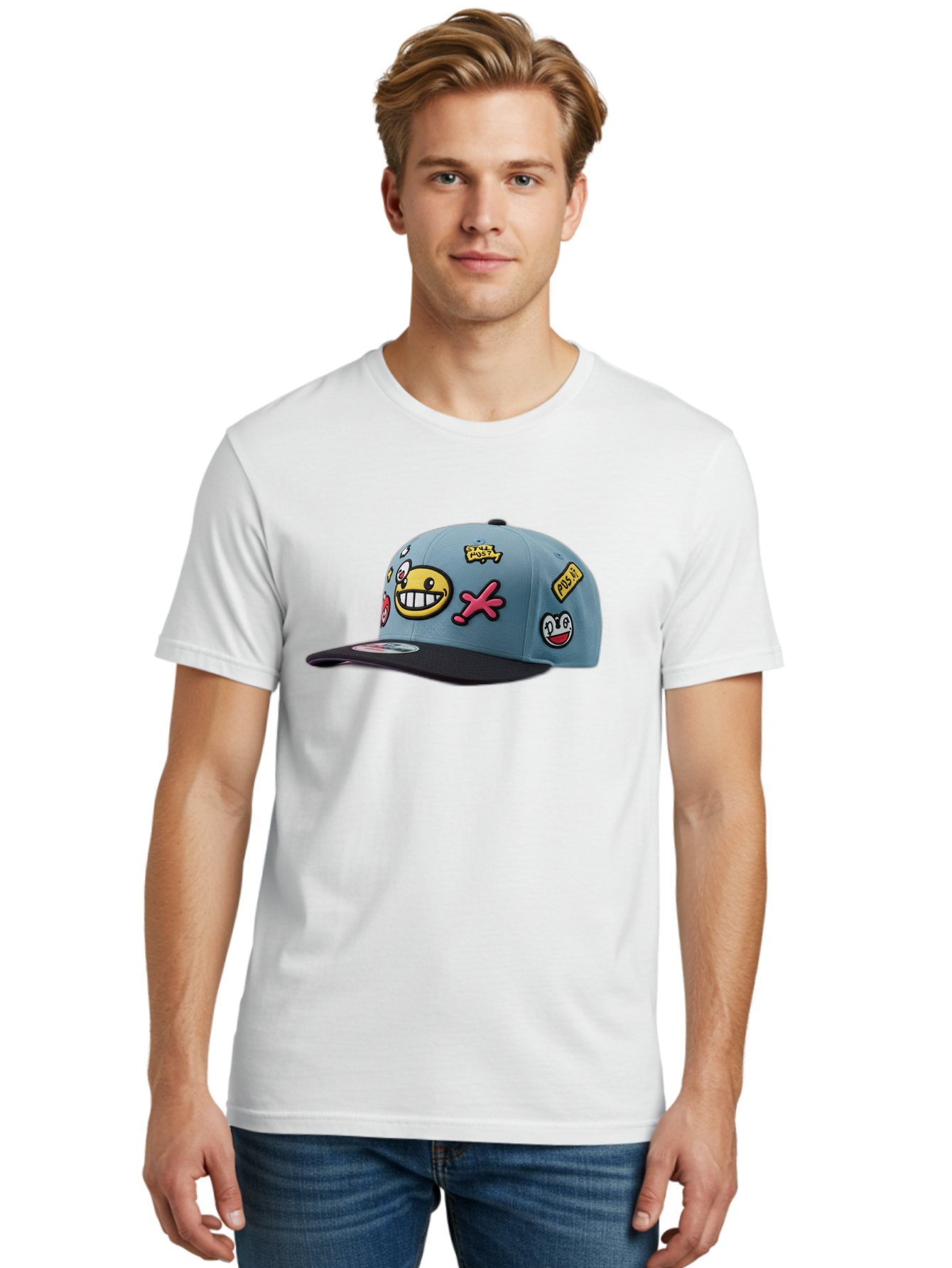 Pawz Men'S Graphic Tee, 100% Cotton, Comfortable Casual Summer Wear, Machine Washable, Streetwear Baseball Cap, Paul G Patches, Cartoon Smiley Face, Fashion Accessory, Street Style, Youth Culture, Graphic Design Bad410