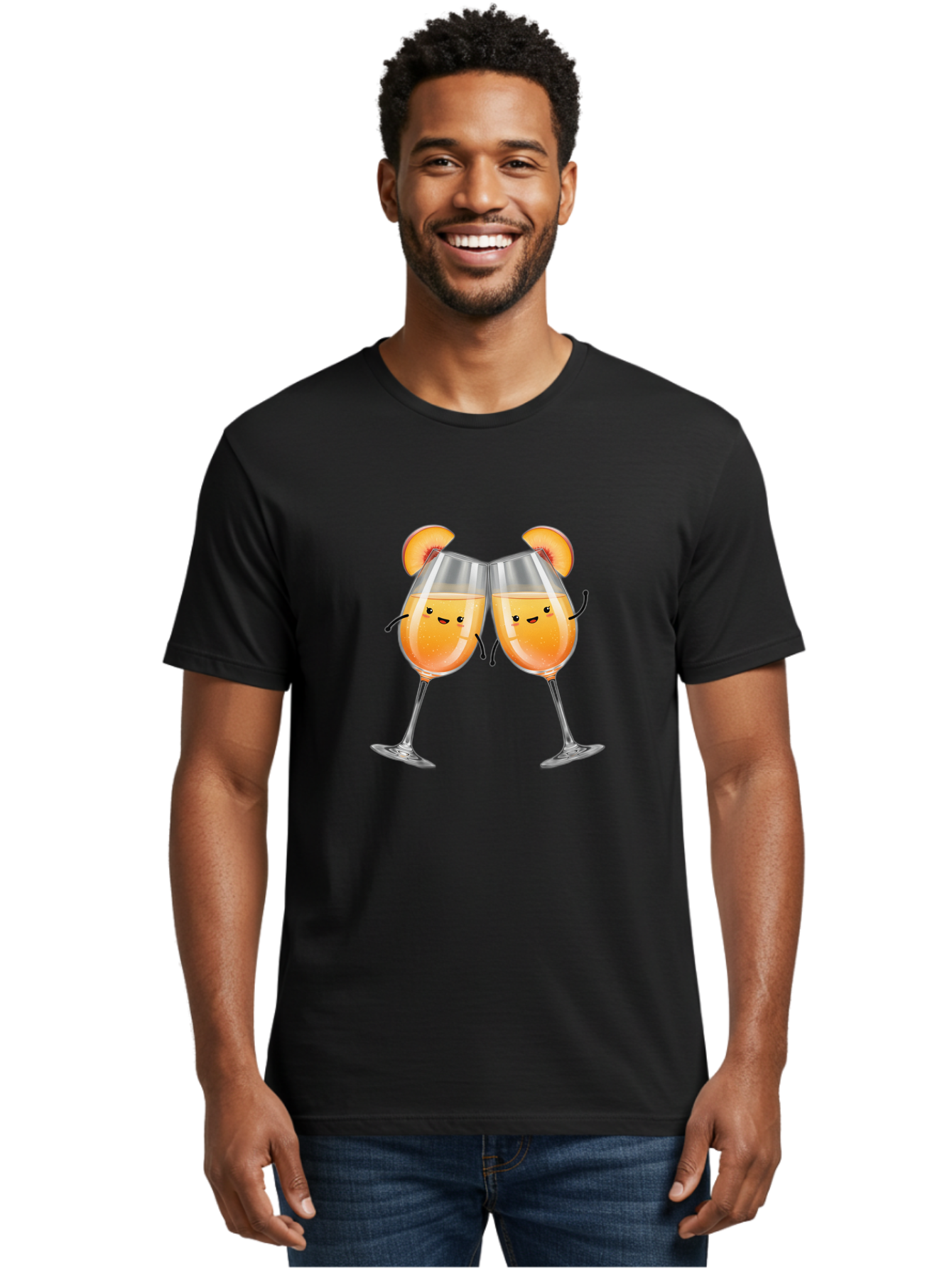 Peach-Bellini Men'S Graphic Tee, 100% Cotton, Comfortable Casual Summer Wear, Machine Washable, Peach Bellini Cocktail, Champagne Flutes, Cartoon Characters, Peach Slices, Festive Drinks, Happy Hour, Cocktail Party, Celebratory Toast Bad411