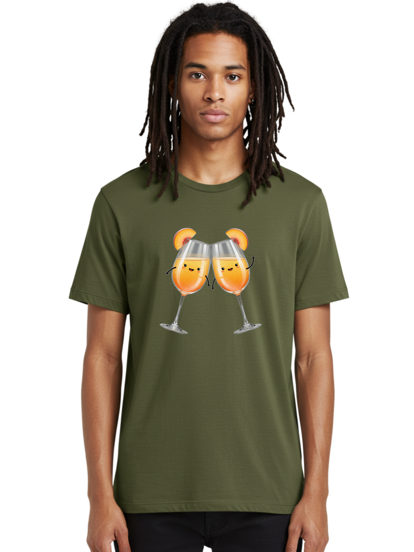 Peach-Bellini Men'S Graphic Tee, 100% Cotton, Comfortable Casual Summer Wear, Machine Washable, Peach Bellini Cocktail, Champagne Flutes, Cartoon Characters, Peach Slices, Festive Drinks, Happy Hour, Cocktail Party, Celebratory Toast Bad411
