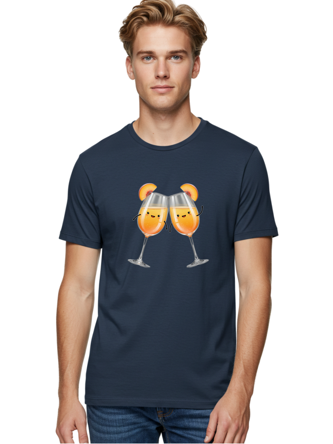 Peach-Bellini Men'S Graphic Tee, 100% Cotton, Comfortable Casual Summer Wear, Machine Washable, Peach Bellini Cocktail, Champagne Flutes, Cartoon Characters, Peach Slices, Festive Drinks, Happy Hour, Cocktail Party, Celebratory Toast Bad411