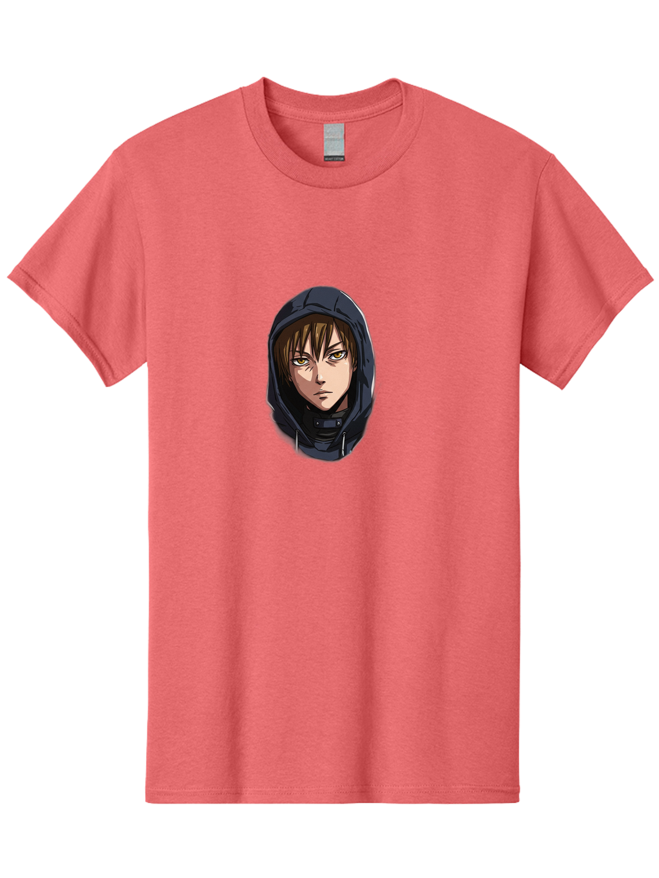 Person-Wearing-Hoodie Men'S Graphic Tee, 100% Cotton, Comfortable Casual Summer Wear, Machine Washable, Anime Female Character, Hooded Figure, Mysterious Woman, Dark Clothing, Intense Gaze, Green Eyes, Anime Art, Cartoon Character, Bad412
