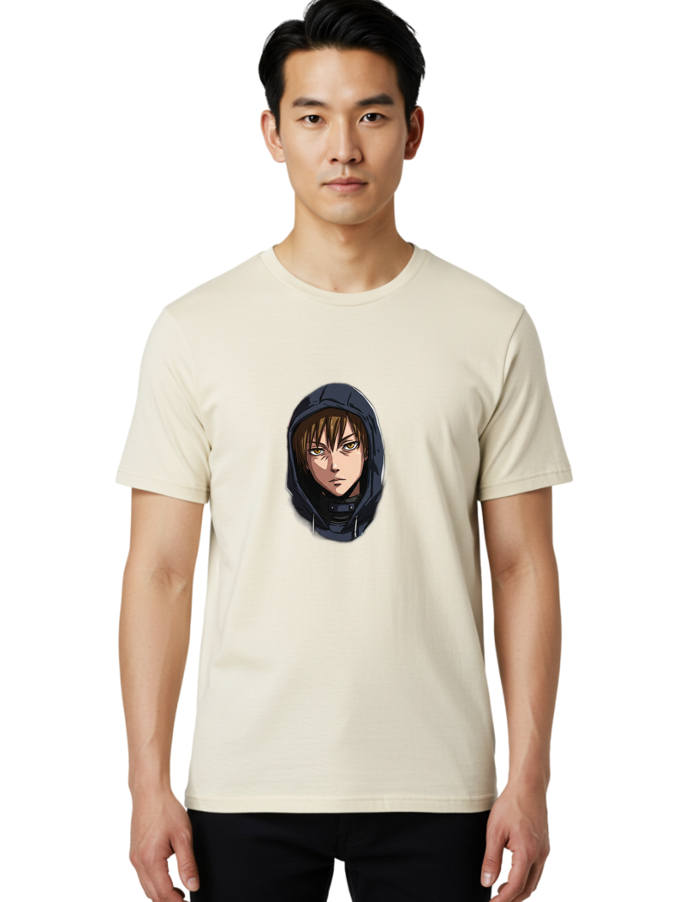 Person-Wearing-Hoodie Men'S Graphic Tee, 100% Cotton, Comfortable Casual Summer Wear, Machine Washable, Anime Female Character, Hooded Figure, Mysterious Woman, Dark Clothing, Intense Gaze, Green Eyes, Anime Art, Cartoon Character, Bad412