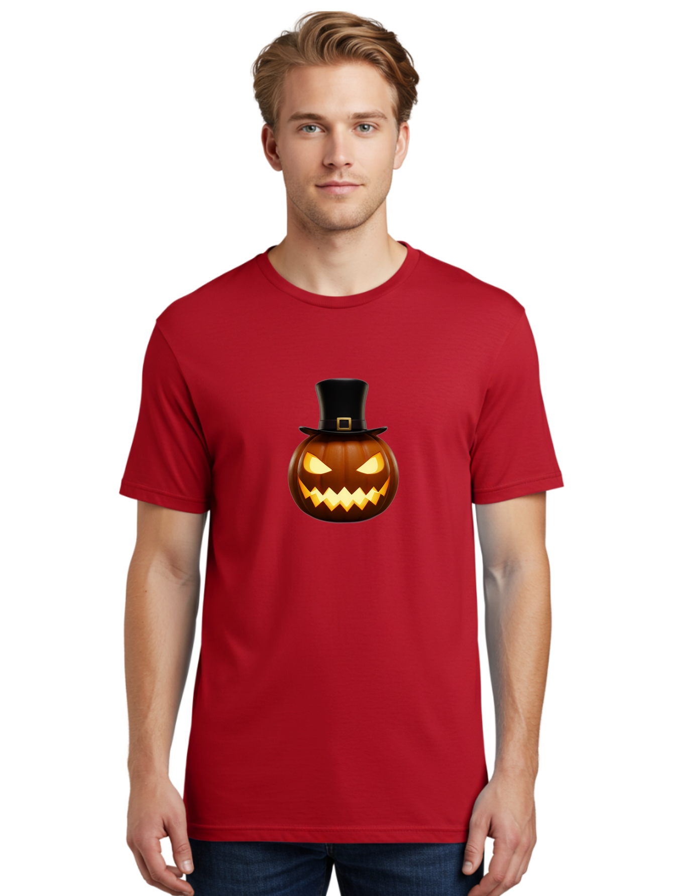 Pilgrim-Jack-O-Lantern Men'S Graphic Tee, 100% Cotton, Comfortable Casual Summer Wear, Machine Washable, Carved Pumpkin, Jack-O'-Lantern, Halloween Decorations, Spooky Atmosphere, Glowing Eyes, Pilgrim Hat, Autumnal Festivities, Bad414