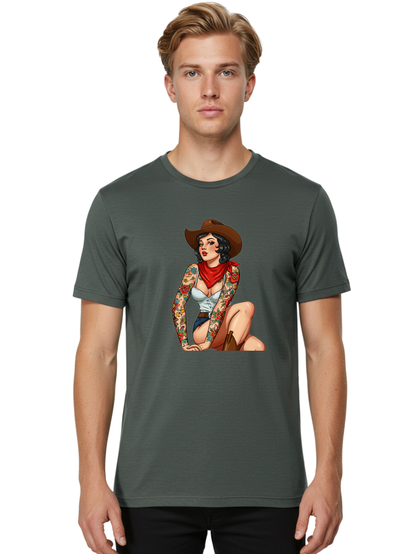 Pin-Up-Cowgirl Men'S Graphic Tee, 100% Cotton, Comfortable Casual Summer Wear, Machine Washable, Pin-Up Girl, Cowgirl Style, Tattooed Woman, Western Fashion, Retro Aesthetic, Sexy Cowboy Boots, Floral Tattoos, Classic Pinup Art, Bold And Sassy Bad415