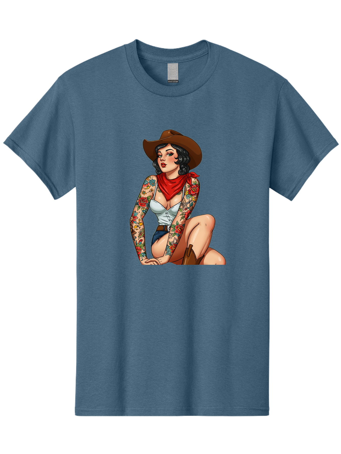 Pin-Up-Cowgirl Men'S Graphic Tee, 100% Cotton, Comfortable Casual Summer Wear, Machine Washable, Pin-Up Girl, Cowgirl Style, Tattooed Woman, Western Fashion, Retro Aesthetic, Sexy Cowboy Boots, Floral Tattoos, Classic Pinup Art, Bold And Sassy Bad415