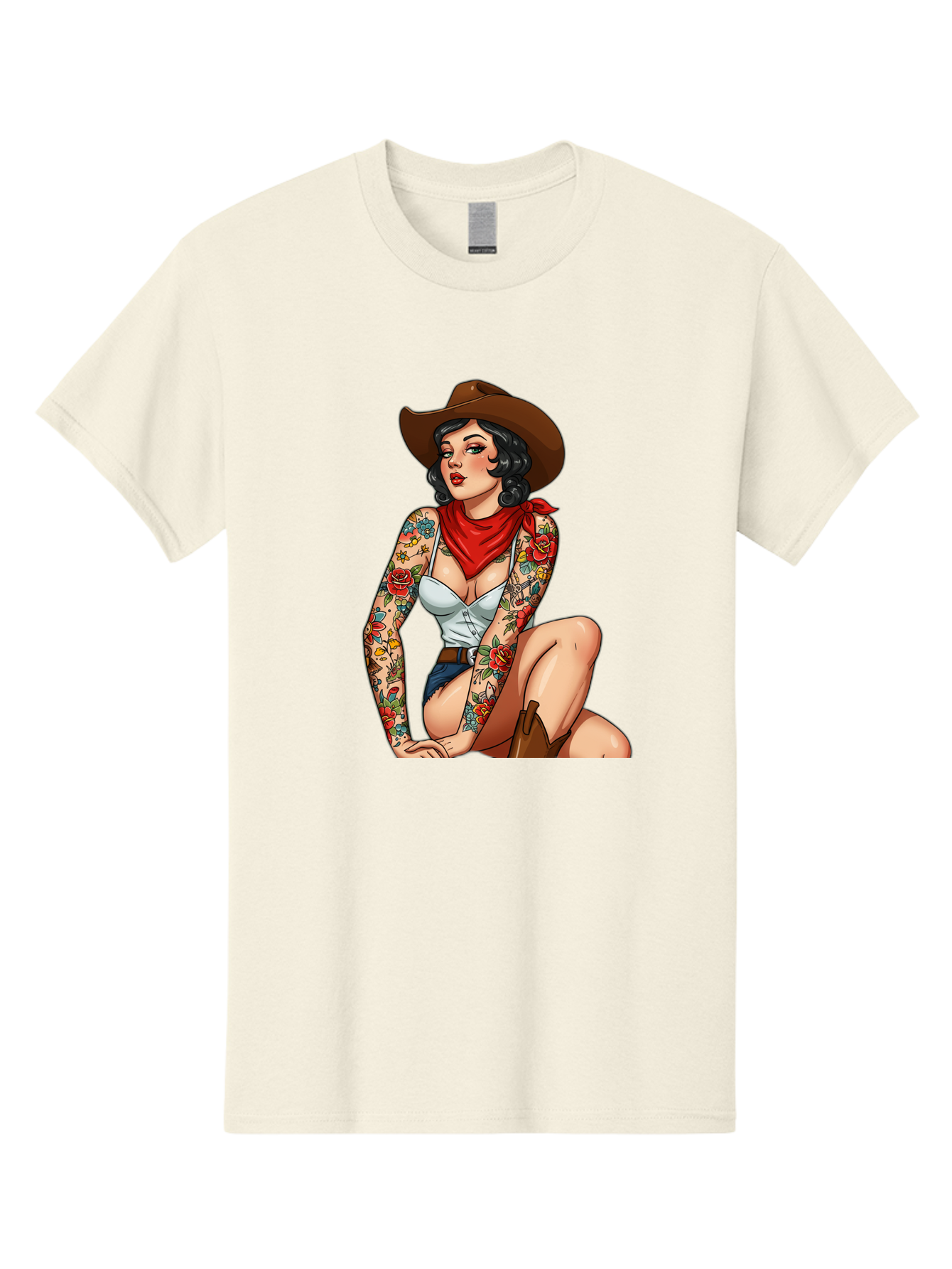 Pin-Up-Cowgirl Men'S Graphic Tee, 100% Cotton, Comfortable Casual Summer Wear, Machine Washable, Pin-Up Girl, Cowgirl Style, Tattooed Woman, Western Fashion, Retro Aesthetic, Sexy Cowboy Boots, Floral Tattoos, Classic Pinup Art, Bold And Sassy Bad415