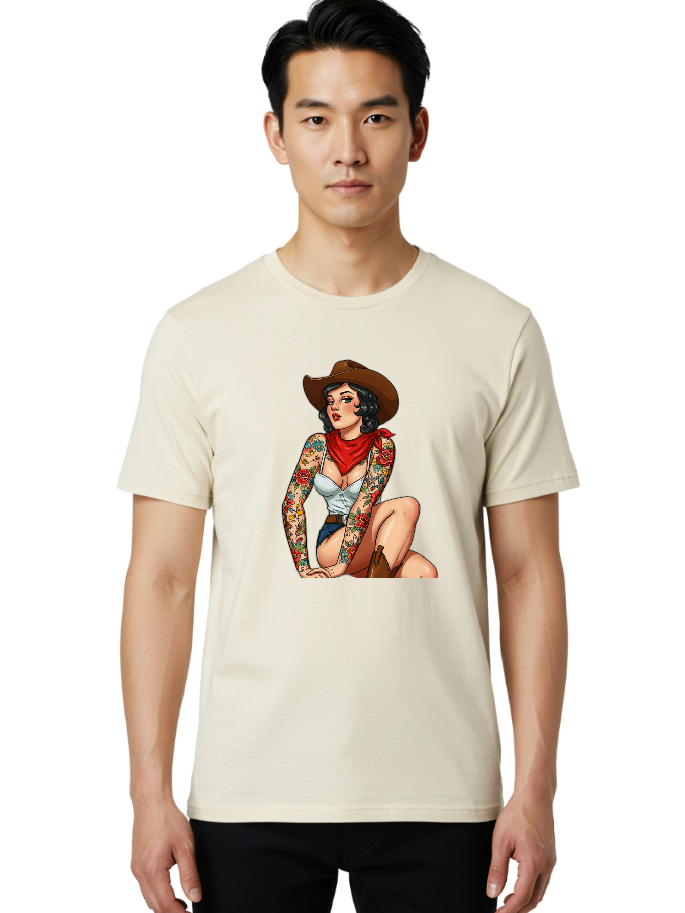 Pin-Up-Cowgirl Men'S Graphic Tee, 100% Cotton, Comfortable Casual Summer Wear, Machine Washable, Pin-Up Girl, Cowgirl Style, Tattooed Woman, Western Fashion, Retro Aesthetic, Sexy Cowboy Boots, Floral Tattoos, Classic Pinup Art, Bold And Sassy Bad415