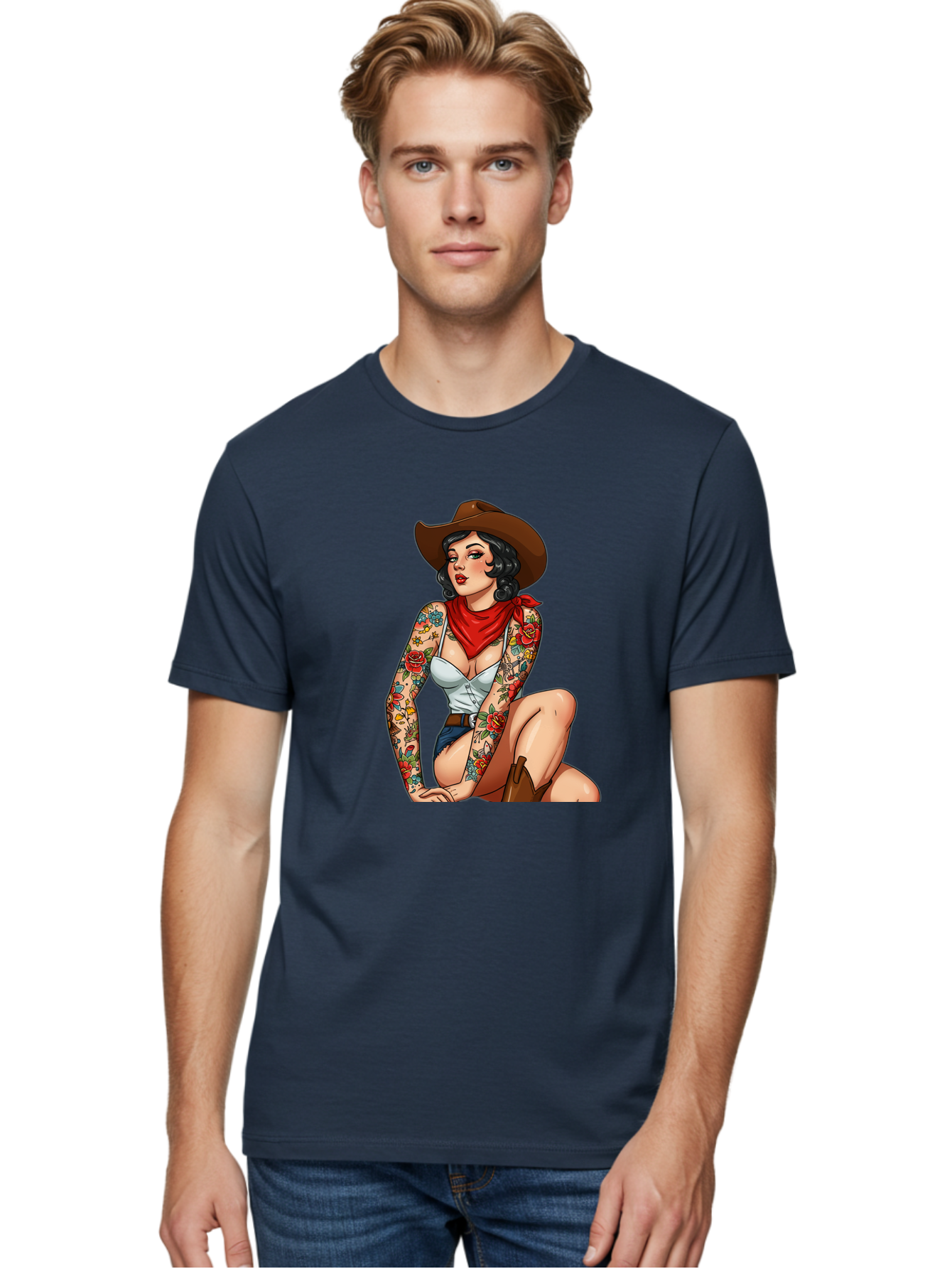 Pin-Up-Cowgirl Men'S Graphic Tee, 100% Cotton, Comfortable Casual Summer Wear, Machine Washable, Pin-Up Girl, Cowgirl Style, Tattooed Woman, Western Fashion, Retro Aesthetic, Sexy Cowboy Boots, Floral Tattoos, Classic Pinup Art, Bold And Sassy Bad415