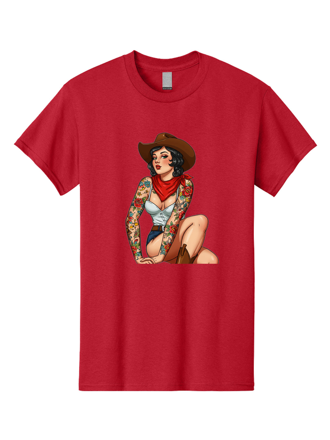 Pin-Up-Cowgirl Men'S Graphic Tee, 100% Cotton, Comfortable Casual Summer Wear, Machine Washable, Pin-Up Girl, Cowgirl Style, Tattooed Woman, Western Fashion, Retro Aesthetic, Sexy Cowboy Boots, Floral Tattoos, Classic Pinup Art, Bold And Sassy Bad415
