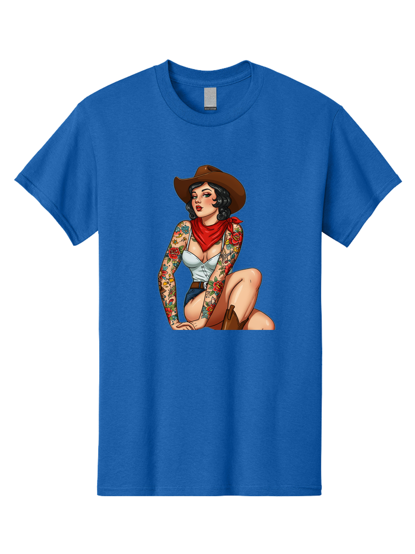 Pin-Up-Cowgirl Men'S Graphic Tee, 100% Cotton, Comfortable Casual Summer Wear, Machine Washable, Pin-Up Girl, Cowgirl Style, Tattooed Woman, Western Fashion, Retro Aesthetic, Sexy Cowboy Boots, Floral Tattoos, Classic Pinup Art, Bold And Sassy Bad415