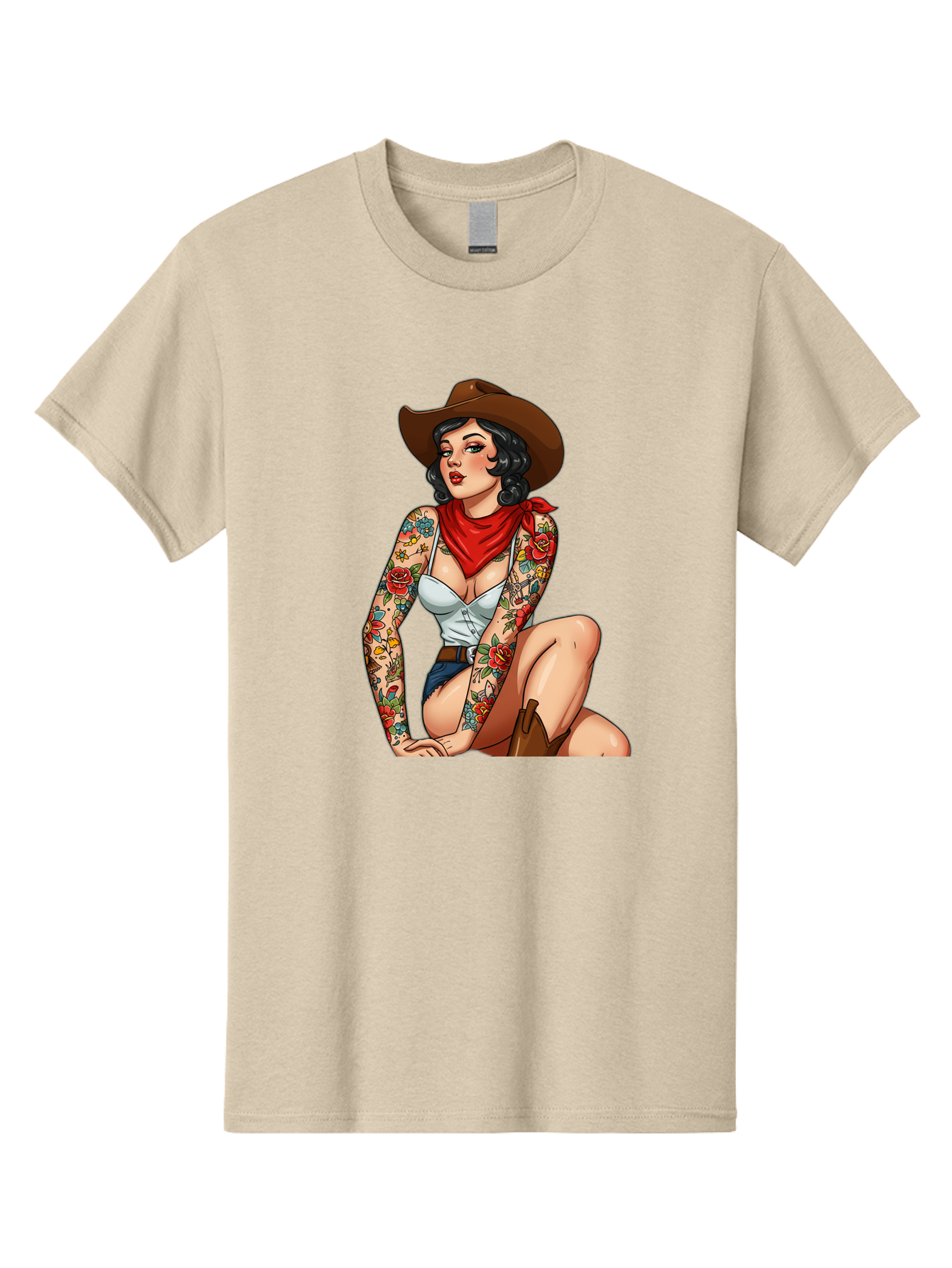 Pin-Up-Cowgirl Men'S Graphic Tee, 100% Cotton, Comfortable Casual Summer Wear, Machine Washable, Pin-Up Girl, Cowgirl Style, Tattooed Woman, Western Fashion, Retro Aesthetic, Sexy Cowboy Boots, Floral Tattoos, Classic Pinup Art, Bold And Sassy Bad415