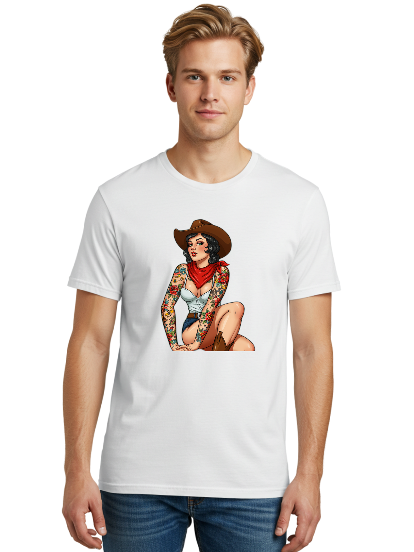 Pin-Up-Cowgirl Men'S Graphic Tee, 100% Cotton, Comfortable Casual Summer Wear, Machine Washable, Pin-Up Girl, Cowgirl Style, Tattooed Woman, Western Fashion, Retro Aesthetic, Sexy Cowboy Boots, Floral Tattoos, Classic Pinup Art, Bold And Sassy Bad415