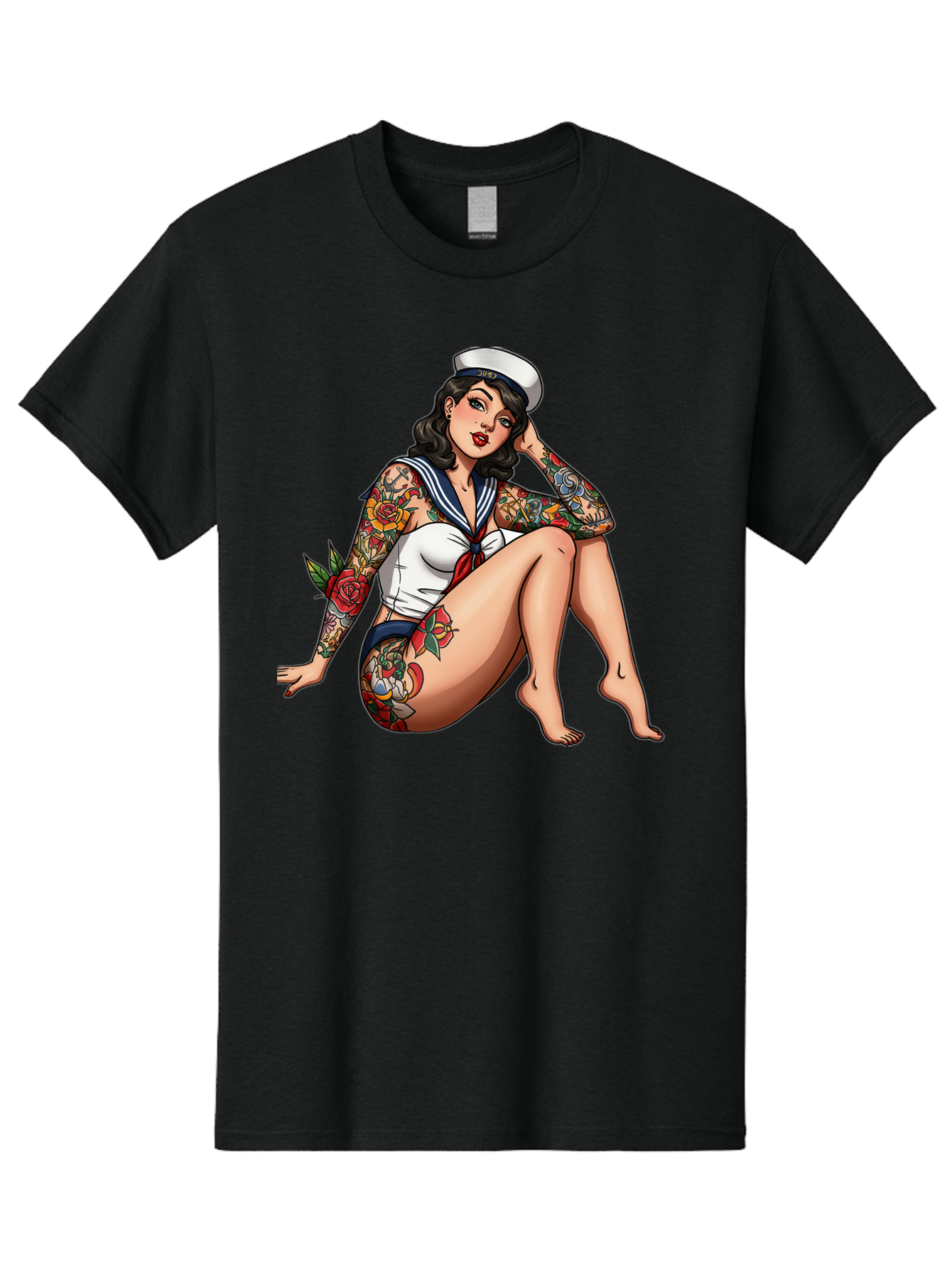 Pin-Up-Girl-Sailor Men'S Graphic Tee, 100% Cotton, Comfortable Casual Summer Wear, Machine Washable, Pin-Up Girl, Sailor Costume, Tattoos, Rose Tattoos, Nautical Theme, Vintage Style, Seductive Pose, Pin-Up Art, Body Art, Tattoo Art, Bad416