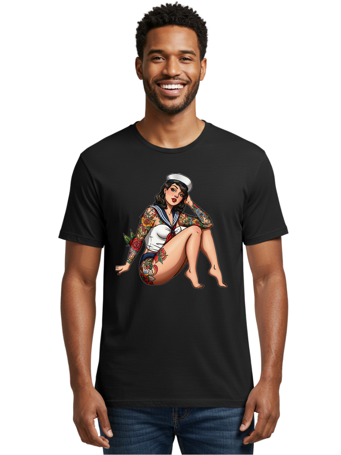 Pin-Up-Girl-Sailor Men'S Graphic Tee, 100% Cotton, Comfortable Casual Summer Wear, Machine Washable, Pin-Up Girl, Sailor Costume, Tattoos, Rose Tattoos, Nautical Theme, Vintage Style, Seductive Pose, Pin-Up Art, Body Art, Tattoo Art, Bad416