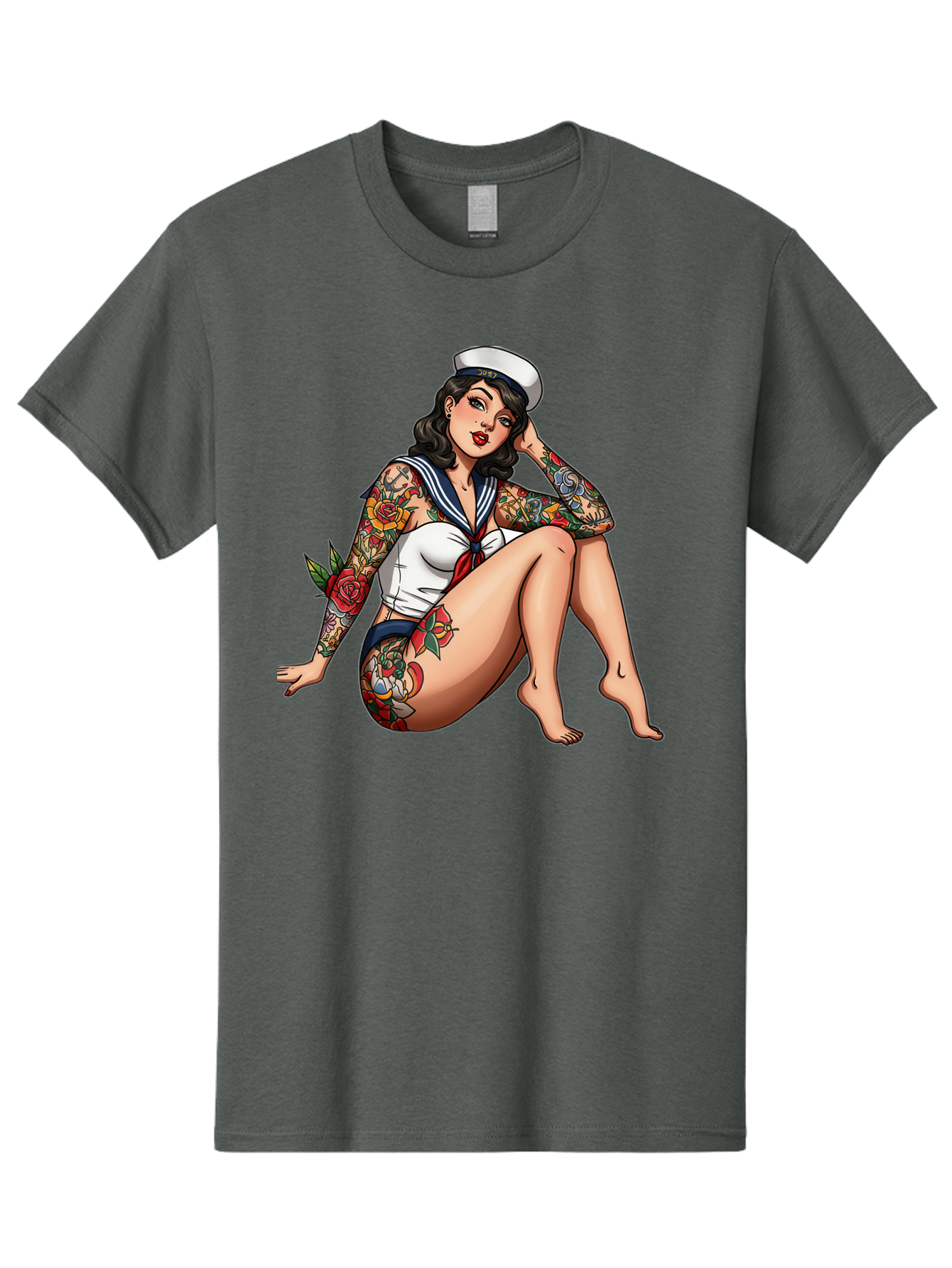 Pin-Up-Girl-Sailor Men'S Graphic Tee, 100% Cotton, Comfortable Casual Summer Wear, Machine Washable, Pin-Up Girl, Sailor Costume, Tattoos, Rose Tattoos, Nautical Theme, Vintage Style, Seductive Pose, Pin-Up Art, Body Art, Tattoo Art, Bad416
