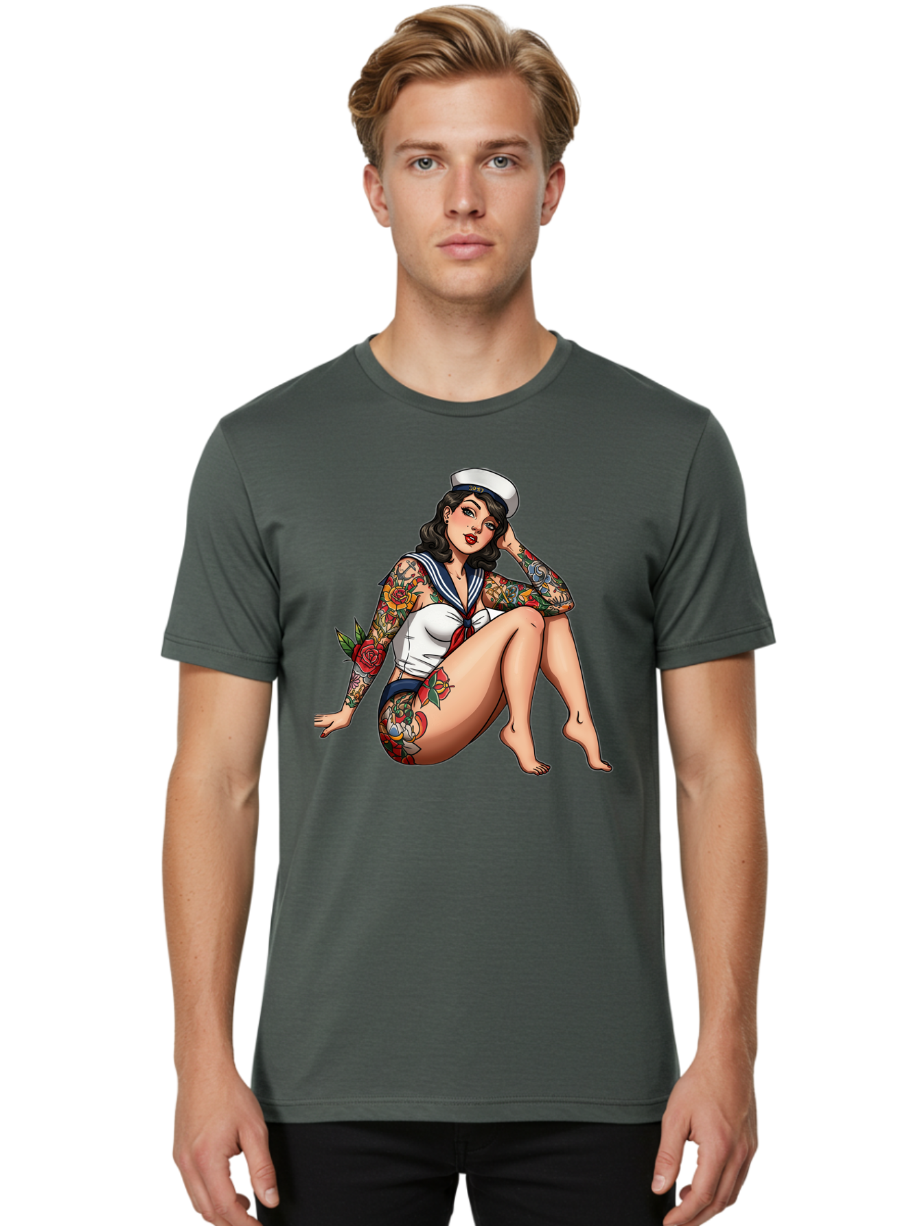 Pin-Up-Girl-Sailor Men'S Graphic Tee, 100% Cotton, Comfortable Casual Summer Wear, Machine Washable, Pin-Up Girl, Sailor Costume, Tattoos, Rose Tattoos, Nautical Theme, Vintage Style, Seductive Pose, Pin-Up Art, Body Art, Tattoo Art, Bad416