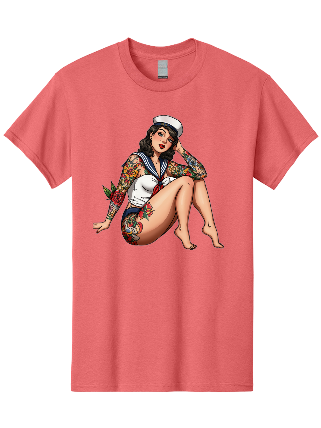 Pin-Up-Girl-Sailor Men'S Graphic Tee, 100% Cotton, Comfortable Casual Summer Wear, Machine Washable, Pin-Up Girl, Sailor Costume, Tattoos, Rose Tattoos, Nautical Theme, Vintage Style, Seductive Pose, Pin-Up Art, Body Art, Tattoo Art, Bad416