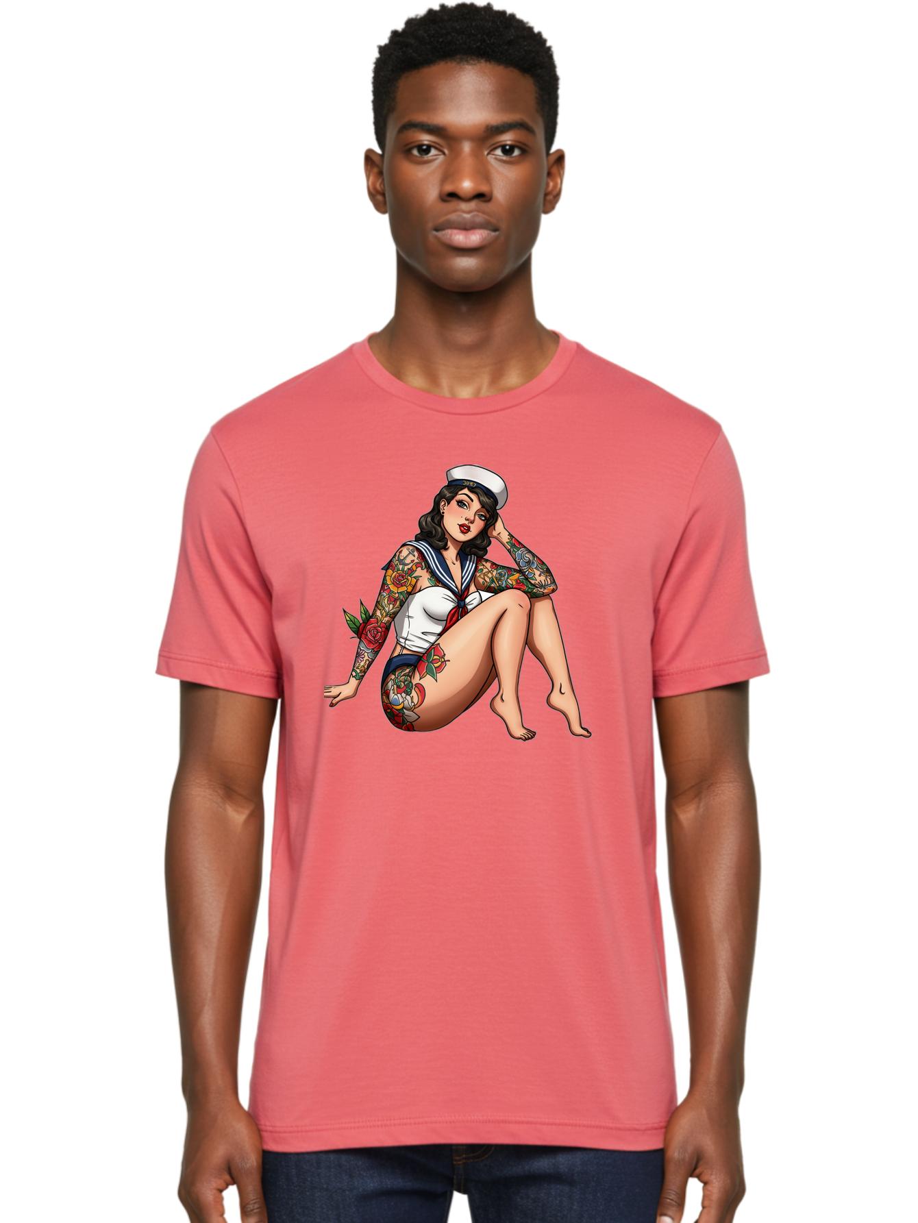 Pin-Up-Girl-Sailor Men'S Graphic Tee, 100% Cotton, Comfortable Casual Summer Wear, Machine Washable, Pin-Up Girl, Sailor Costume, Tattoos, Rose Tattoos, Nautical Theme, Vintage Style, Seductive Pose, Pin-Up Art, Body Art, Tattoo Art, Bad416
