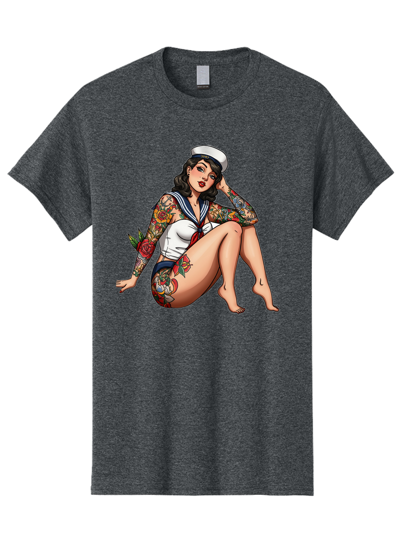 Pin-Up-Girl-Sailor Men'S Graphic Tee, 100% Cotton, Comfortable Casual Summer Wear, Machine Washable, Pin-Up Girl, Sailor Costume, Tattoos, Rose Tattoos, Nautical Theme, Vintage Style, Seductive Pose, Pin-Up Art, Body Art, Tattoo Art, Bad416