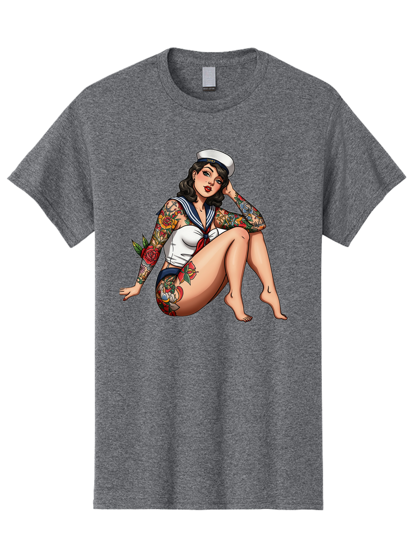 Pin-Up-Girl-Sailor Men'S Graphic Tee, 100% Cotton, Comfortable Casual Summer Wear, Machine Washable, Pin-Up Girl, Sailor Costume, Tattoos, Rose Tattoos, Nautical Theme, Vintage Style, Seductive Pose, Pin-Up Art, Body Art, Tattoo Art, Bad416