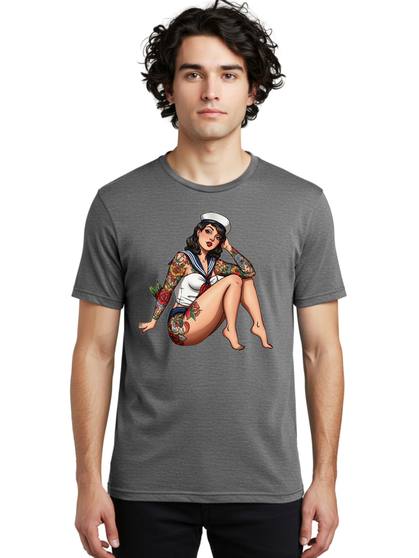 Pin-Up-Girl-Sailor Men'S Graphic Tee, 100% Cotton, Comfortable Casual Summer Wear, Machine Washable, Pin-Up Girl, Sailor Costume, Tattoos, Rose Tattoos, Nautical Theme, Vintage Style, Seductive Pose, Pin-Up Art, Body Art, Tattoo Art, Bad416