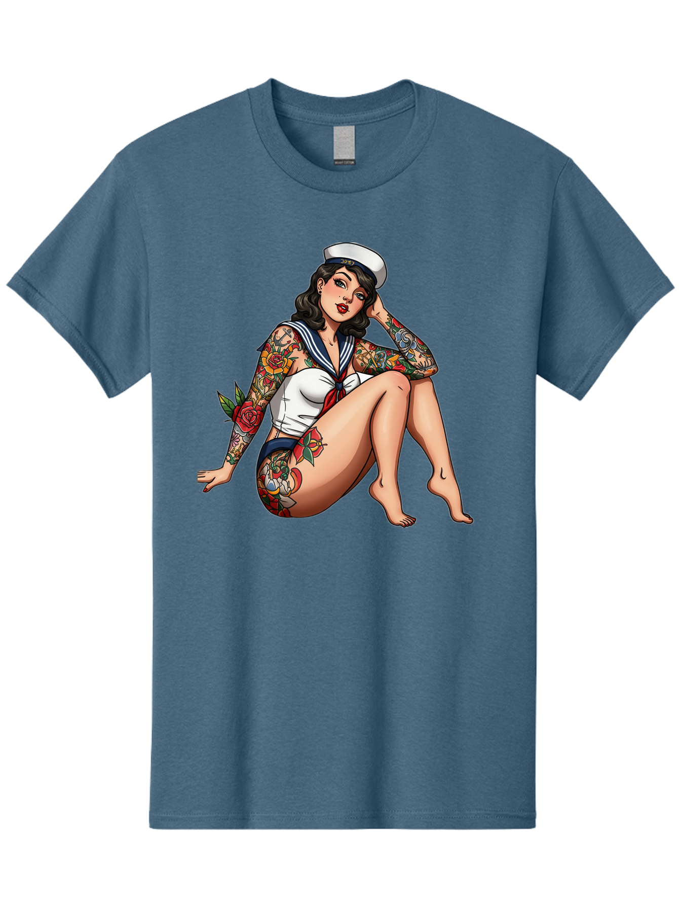 Pin-Up-Girl-Sailor Men'S Graphic Tee, 100% Cotton, Comfortable Casual Summer Wear, Machine Washable, Pin-Up Girl, Sailor Costume, Tattoos, Rose Tattoos, Nautical Theme, Vintage Style, Seductive Pose, Pin-Up Art, Body Art, Tattoo Art, Bad416
