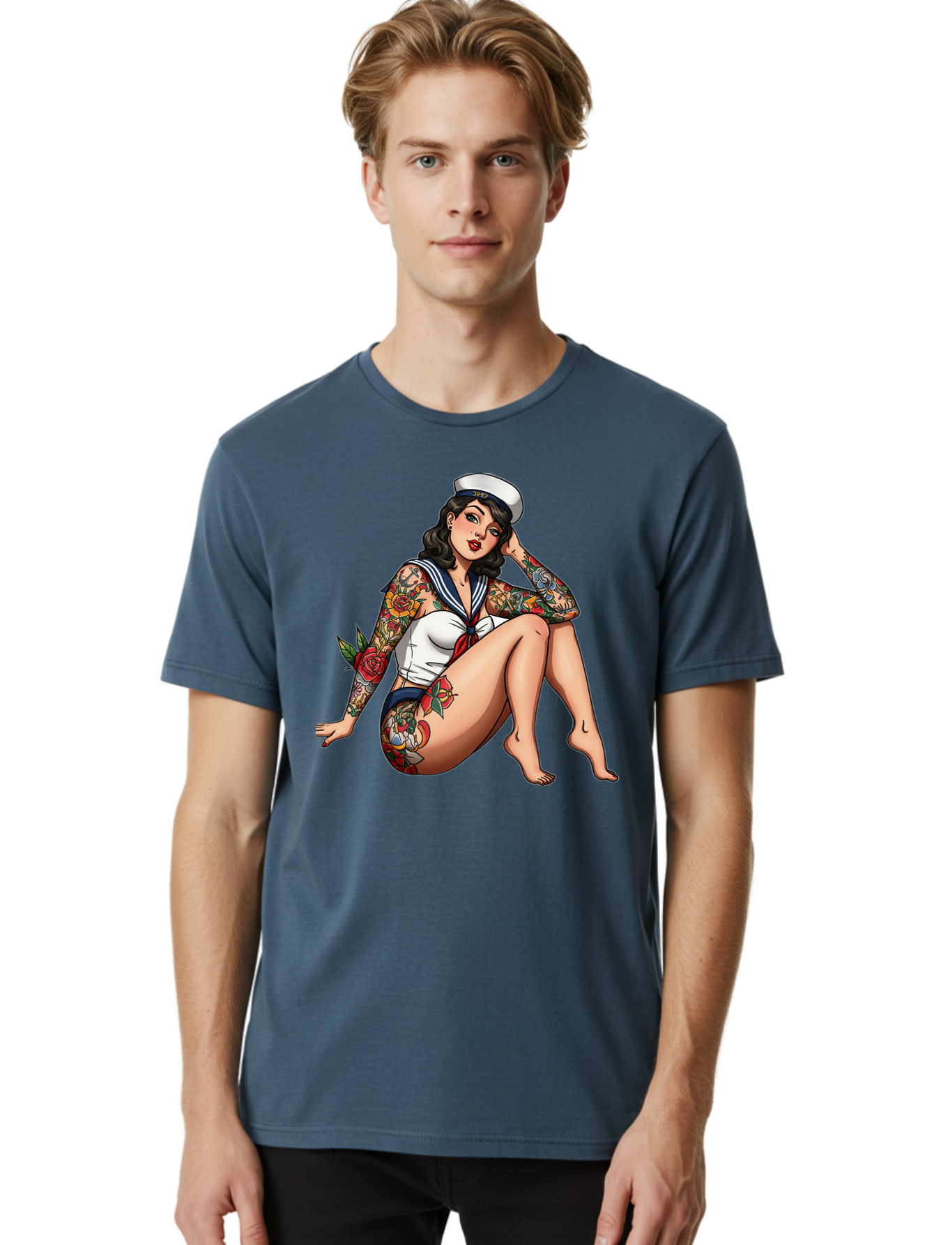 Pin-Up-Girl-Sailor Men'S Graphic Tee, 100% Cotton, Comfortable Casual Summer Wear, Machine Washable, Pin-Up Girl, Sailor Costume, Tattoos, Rose Tattoos, Nautical Theme, Vintage Style, Seductive Pose, Pin-Up Art, Body Art, Tattoo Art, Bad416