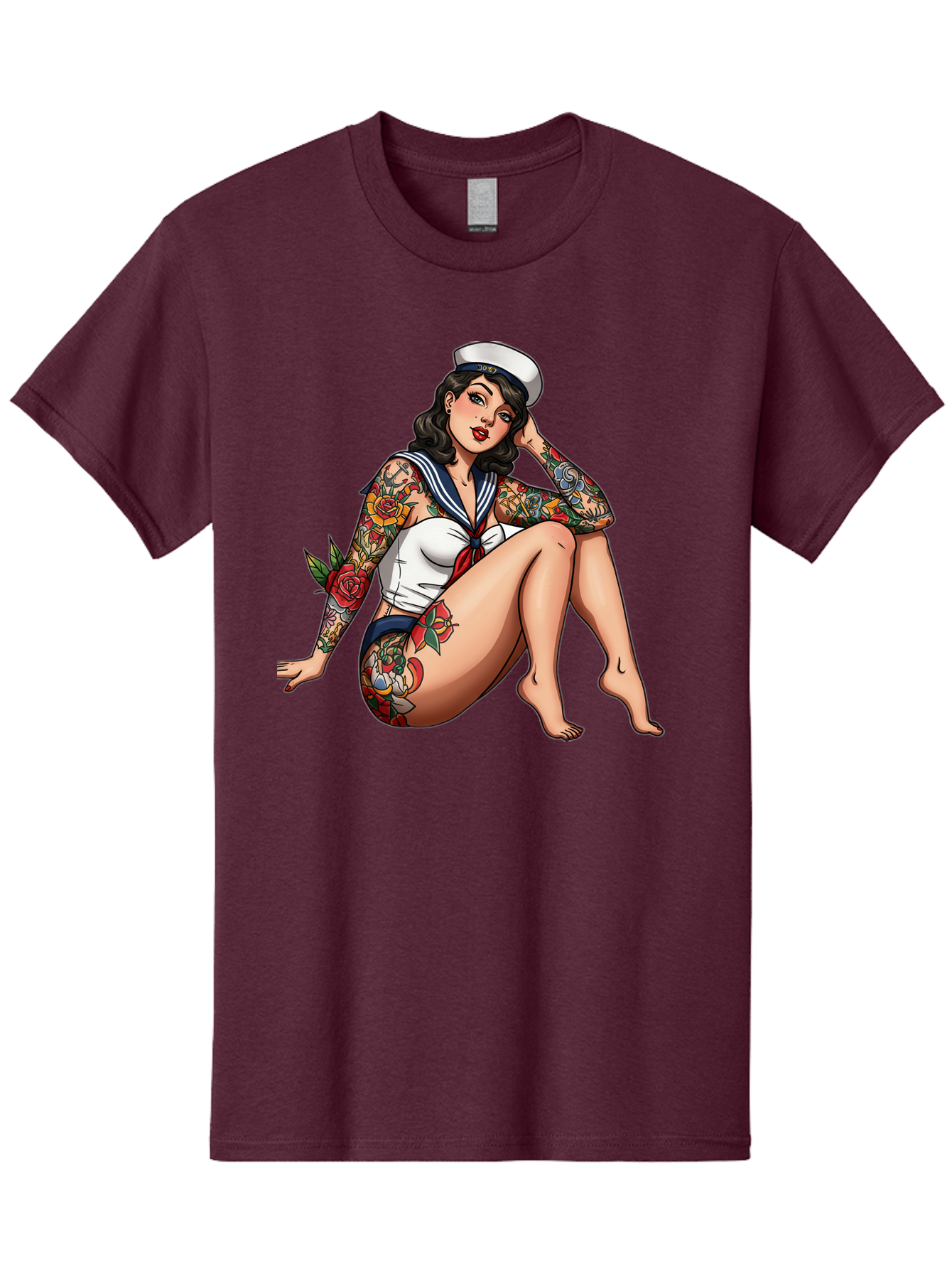 Pin-Up-Girl-Sailor Men'S Graphic Tee, 100% Cotton, Comfortable Casual Summer Wear, Machine Washable, Pin-Up Girl, Sailor Costume, Tattoos, Rose Tattoos, Nautical Theme, Vintage Style, Seductive Pose, Pin-Up Art, Body Art, Tattoo Art, Bad416