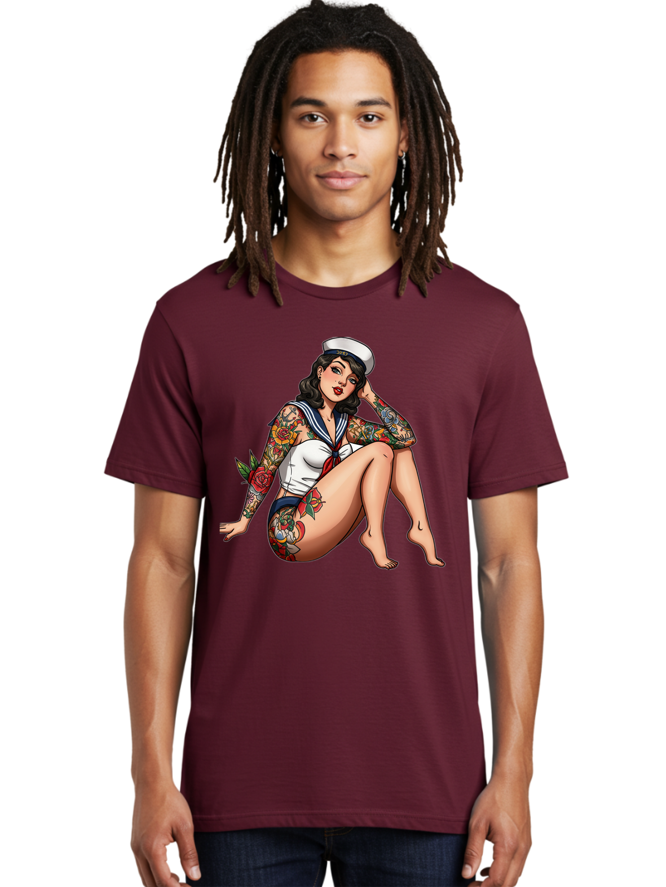 Pin-Up-Girl-Sailor Men'S Graphic Tee, 100% Cotton, Comfortable Casual Summer Wear, Machine Washable, Pin-Up Girl, Sailor Costume, Tattoos, Rose Tattoos, Nautical Theme, Vintage Style, Seductive Pose, Pin-Up Art, Body Art, Tattoo Art, Bad416