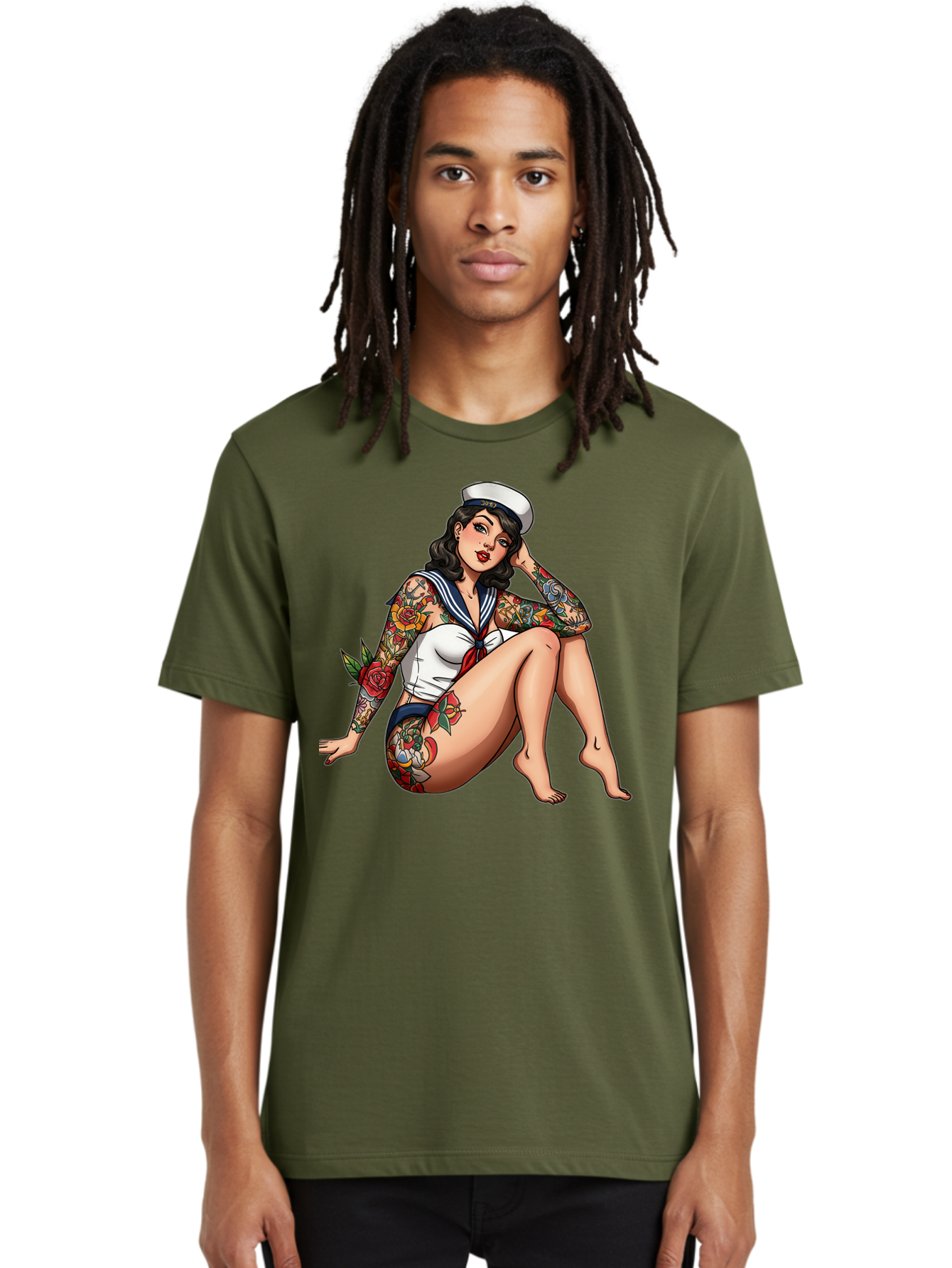 Pin-Up-Girl-Sailor Men'S Graphic Tee, 100% Cotton, Comfortable Casual Summer Wear, Machine Washable, Pin-Up Girl, Sailor Costume, Tattoos, Rose Tattoos, Nautical Theme, Vintage Style, Seductive Pose, Pin-Up Art, Body Art, Tattoo Art, Bad416