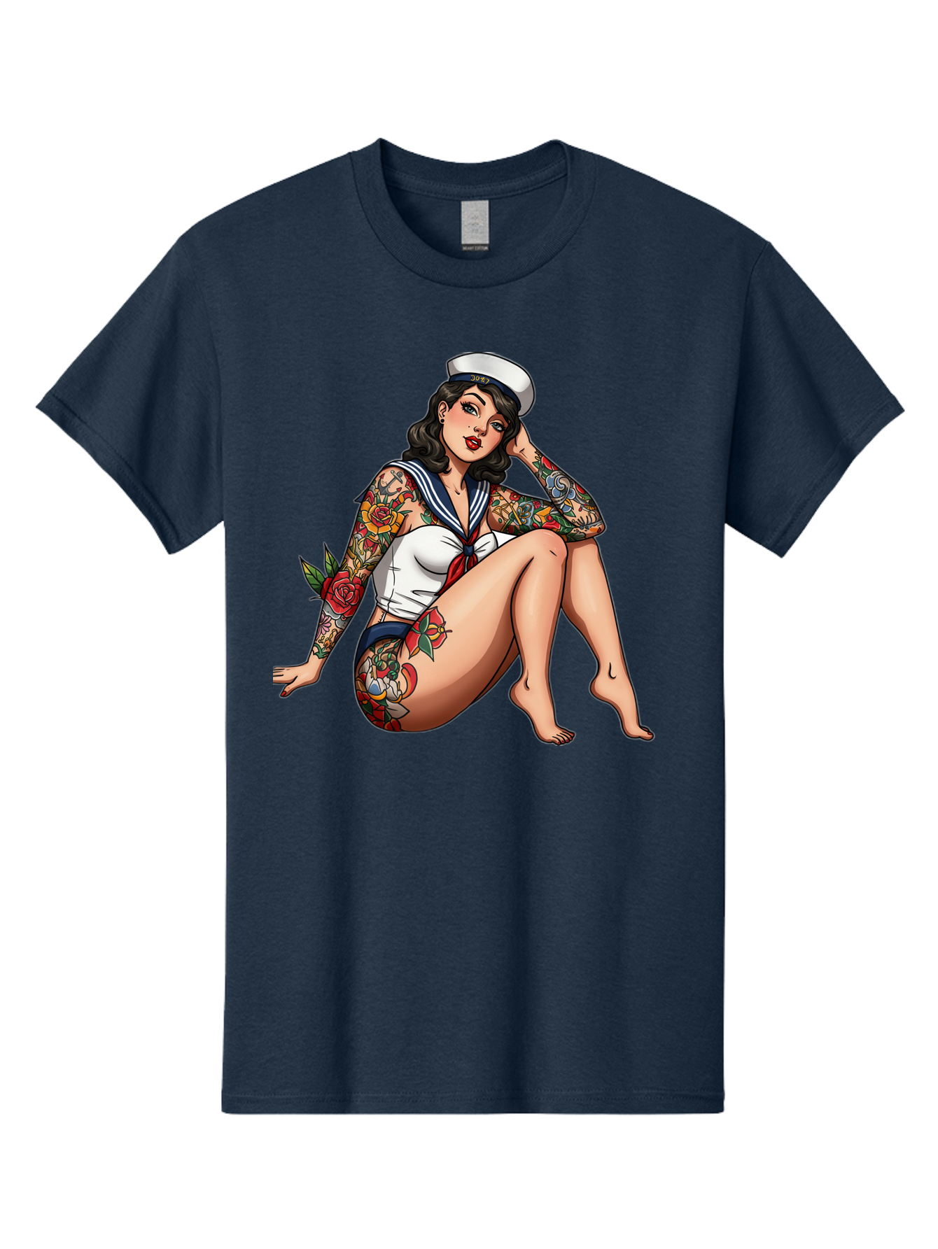Pin-Up-Girl-Sailor Men'S Graphic Tee, 100% Cotton, Comfortable Casual Summer Wear, Machine Washable, Pin-Up Girl, Sailor Costume, Tattoos, Rose Tattoos, Nautical Theme, Vintage Style, Seductive Pose, Pin-Up Art, Body Art, Tattoo Art, Bad416