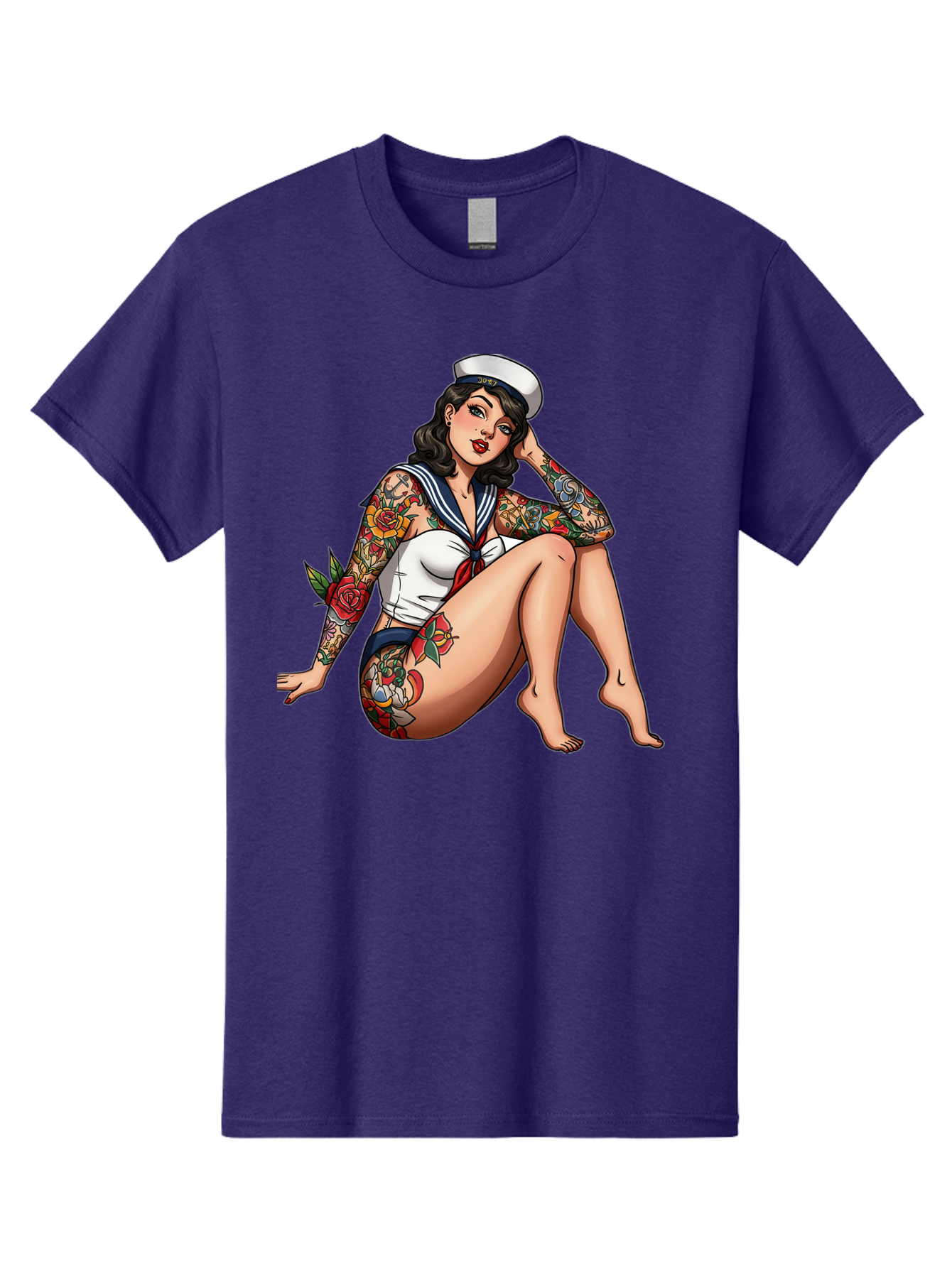 Pin-Up-Girl-Sailor Men'S Graphic Tee, 100% Cotton, Comfortable Casual Summer Wear, Machine Washable, Pin-Up Girl, Sailor Costume, Tattoos, Rose Tattoos, Nautical Theme, Vintage Style, Seductive Pose, Pin-Up Art, Body Art, Tattoo Art, Bad416
