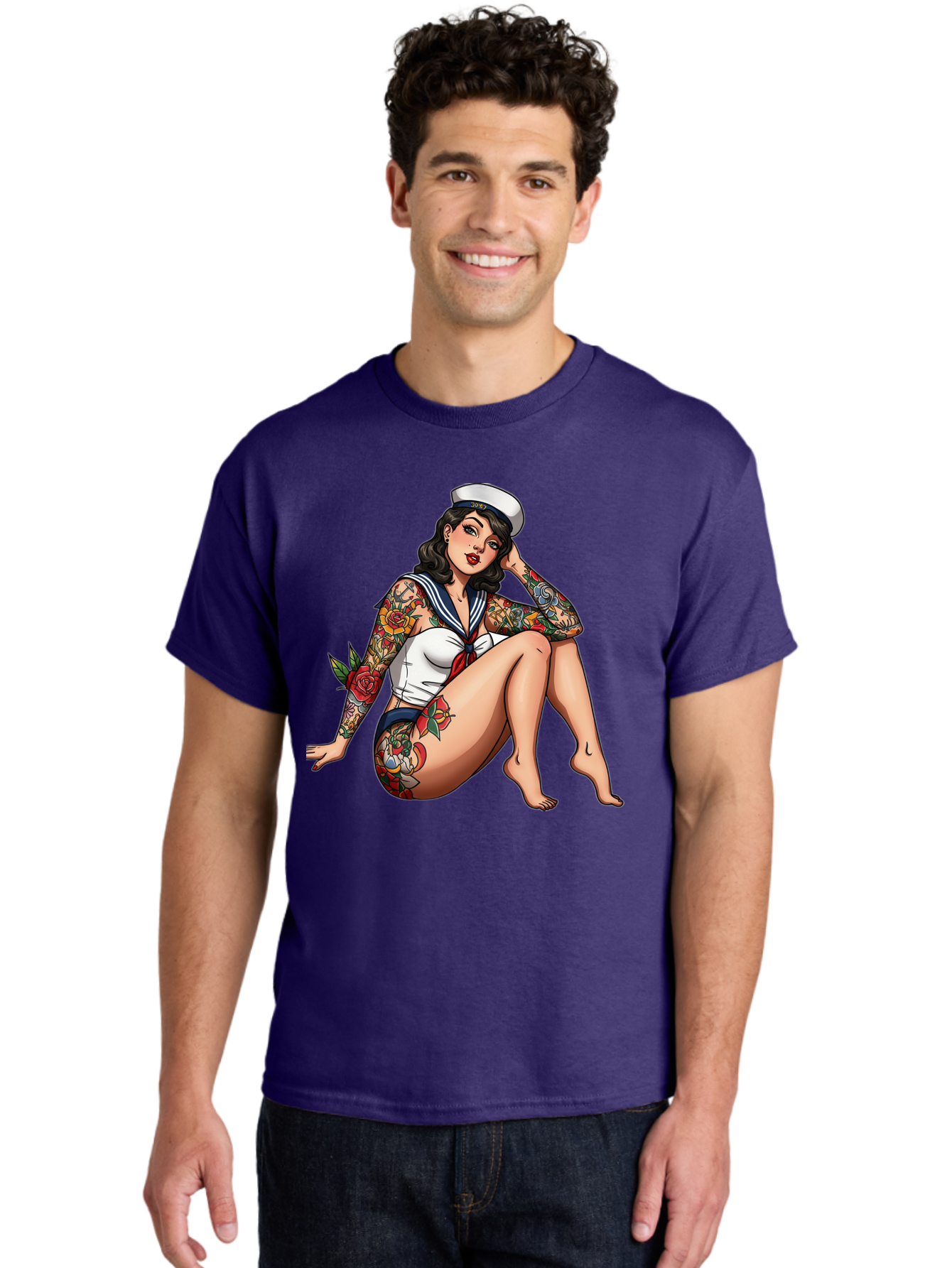 Pin-Up-Girl-Sailor Men'S Graphic Tee, 100% Cotton, Comfortable Casual Summer Wear, Machine Washable, Pin-Up Girl, Sailor Costume, Tattoos, Rose Tattoos, Nautical Theme, Vintage Style, Seductive Pose, Pin-Up Art, Body Art, Tattoo Art, Bad416