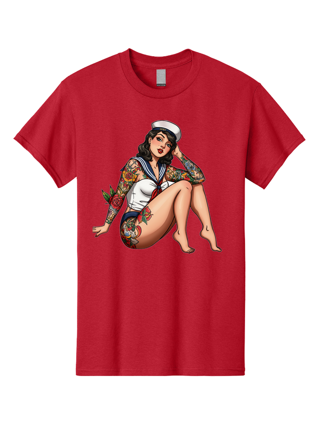 Pin-Up-Girl-Sailor Men'S Graphic Tee, 100% Cotton, Comfortable Casual Summer Wear, Machine Washable, Pin-Up Girl, Sailor Costume, Tattoos, Rose Tattoos, Nautical Theme, Vintage Style, Seductive Pose, Pin-Up Art, Body Art, Tattoo Art, Bad416