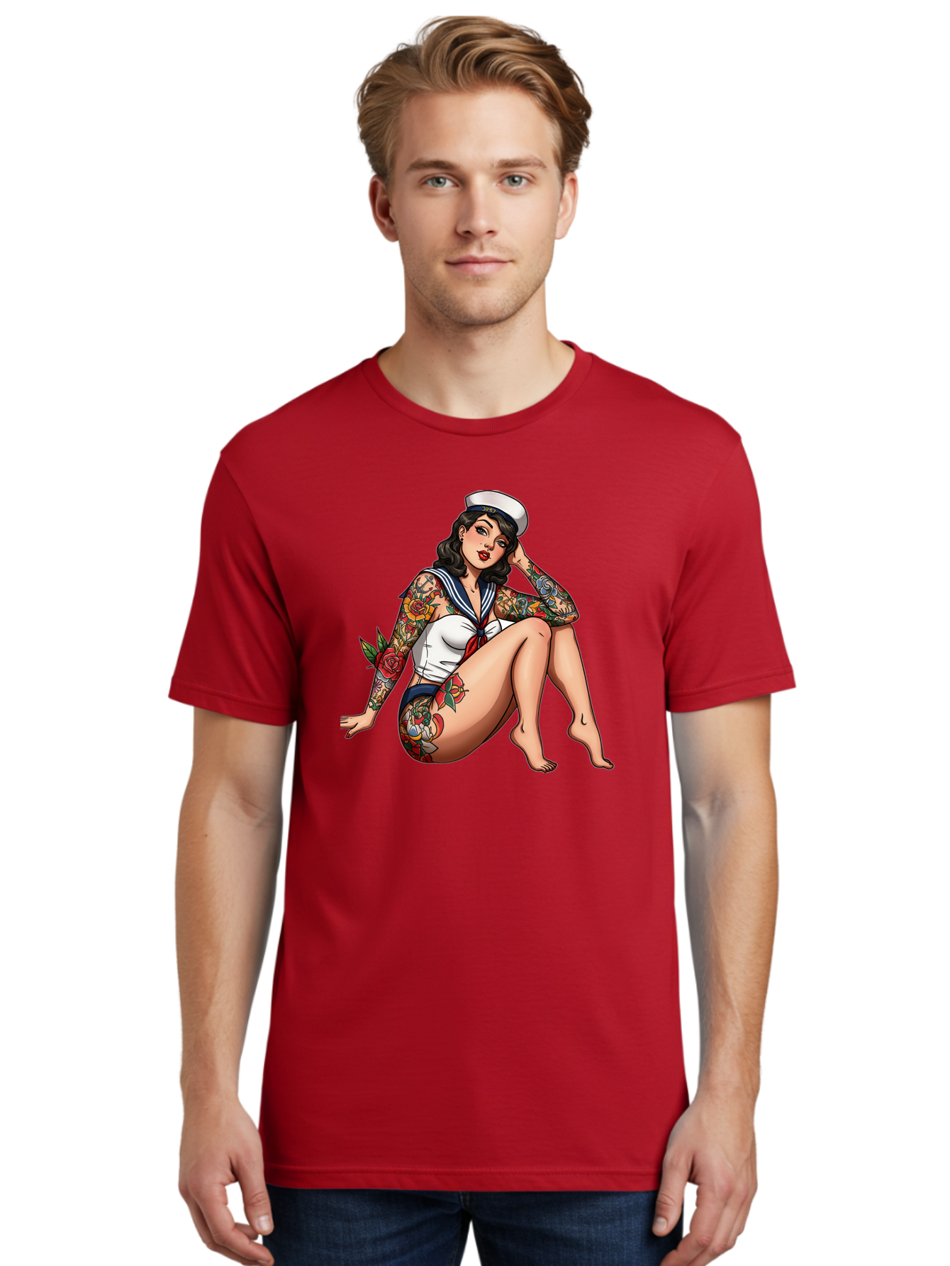 Pin-Up-Girl-Sailor Men'S Graphic Tee, 100% Cotton, Comfortable Casual Summer Wear, Machine Washable, Pin-Up Girl, Sailor Costume, Tattoos, Rose Tattoos, Nautical Theme, Vintage Style, Seductive Pose, Pin-Up Art, Body Art, Tattoo Art, Bad416