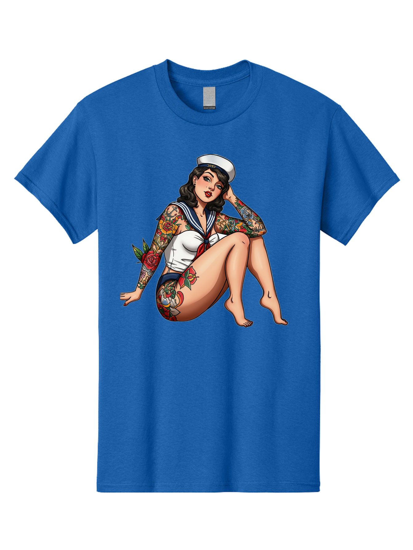 Pin-Up-Girl-Sailor Men'S Graphic Tee, 100% Cotton, Comfortable Casual Summer Wear, Machine Washable, Pin-Up Girl, Sailor Costume, Tattoos, Rose Tattoos, Nautical Theme, Vintage Style, Seductive Pose, Pin-Up Art, Body Art, Tattoo Art, Bad416