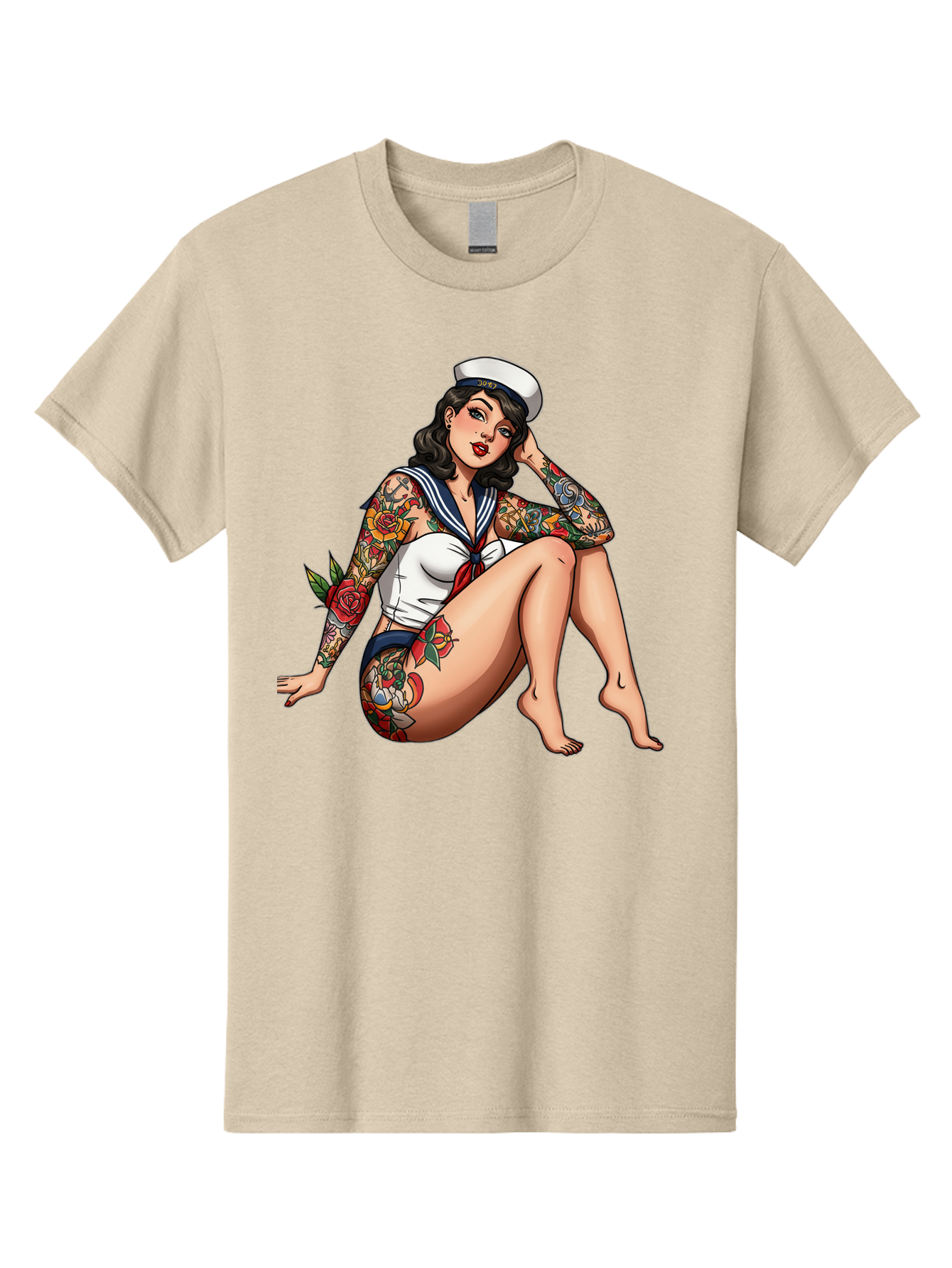 Pin-Up-Girl-Sailor Men'S Graphic Tee, 100% Cotton, Comfortable Casual Summer Wear, Machine Washable, Pin-Up Girl, Sailor Costume, Tattoos, Rose Tattoos, Nautical Theme, Vintage Style, Seductive Pose, Pin-Up Art, Body Art, Tattoo Art, Bad416