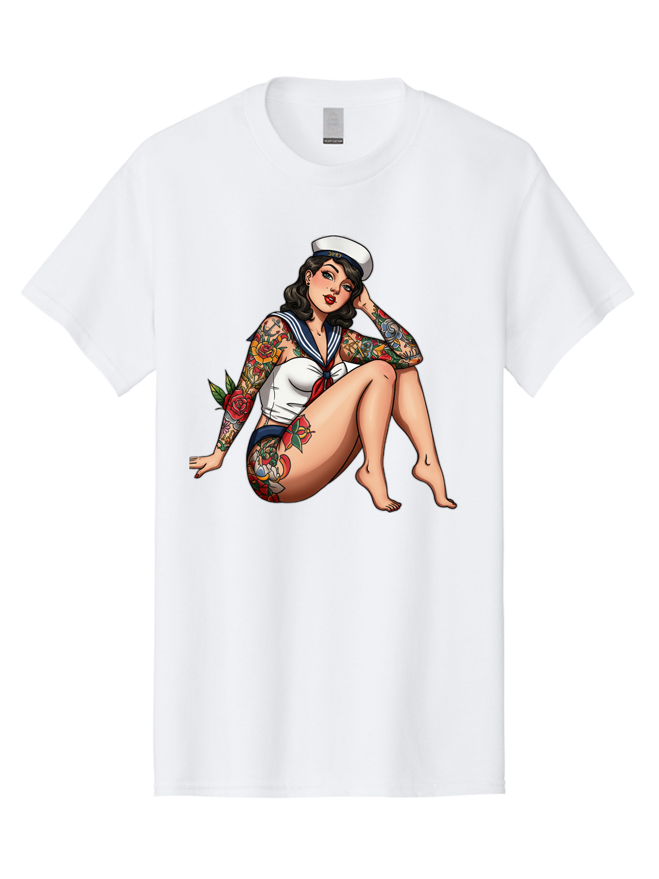 Pin-Up-Girl-Sailor Men'S Graphic Tee, 100% Cotton, Comfortable Casual Summer Wear, Machine Washable, Pin-Up Girl, Sailor Costume, Tattoos, Rose Tattoos, Nautical Theme, Vintage Style, Seductive Pose, Pin-Up Art, Body Art, Tattoo Art, Bad416